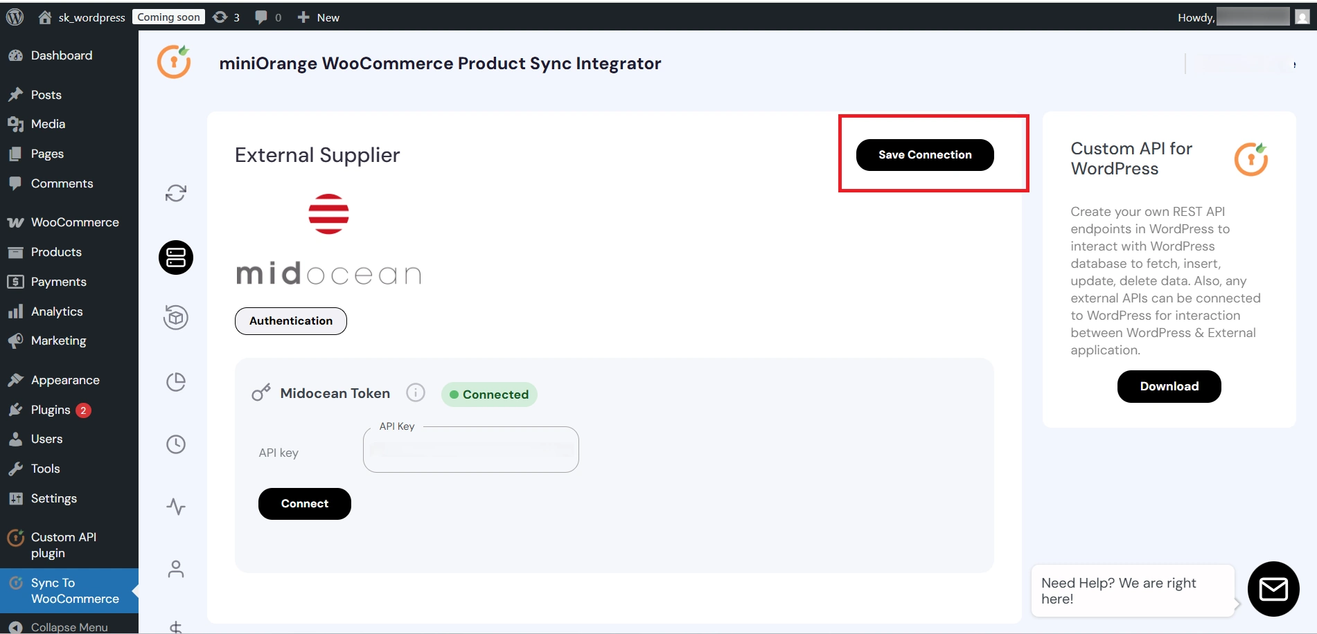 Save midocean connection after successful API verification