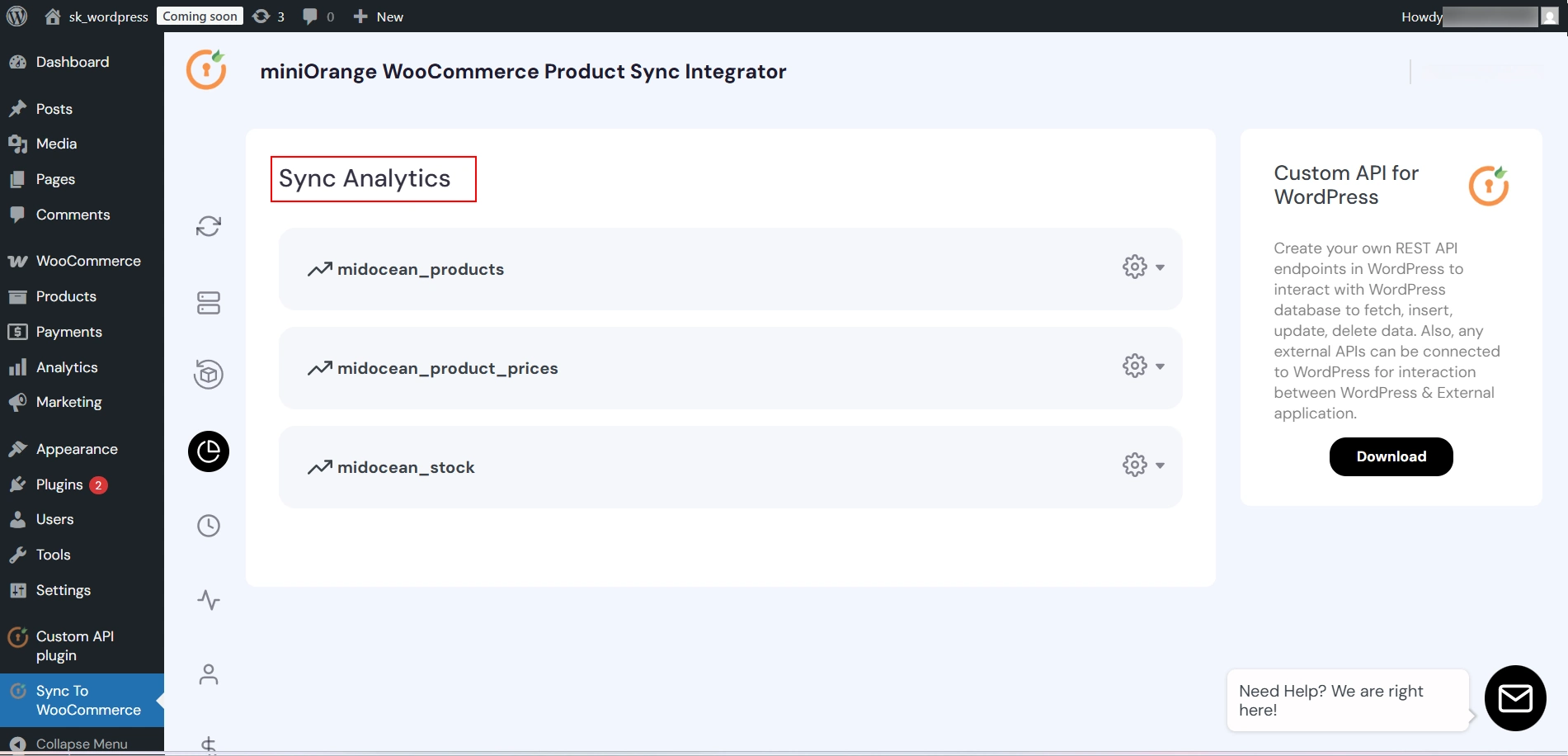 Sync Analytics tab showing Products, Price, and Stock connections for midocean