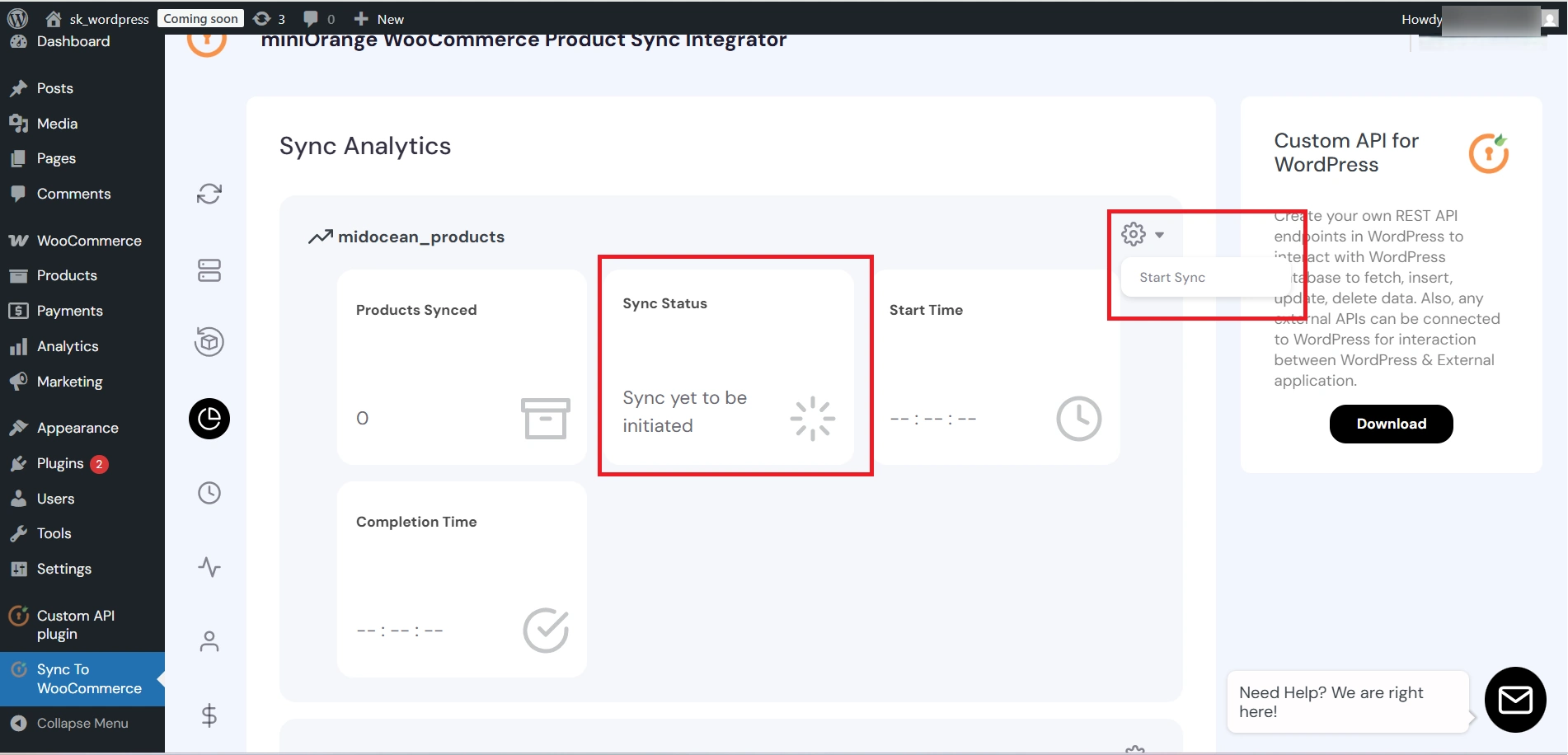 Start synchronization process for midocean products, prices, and stock in WooCommerce