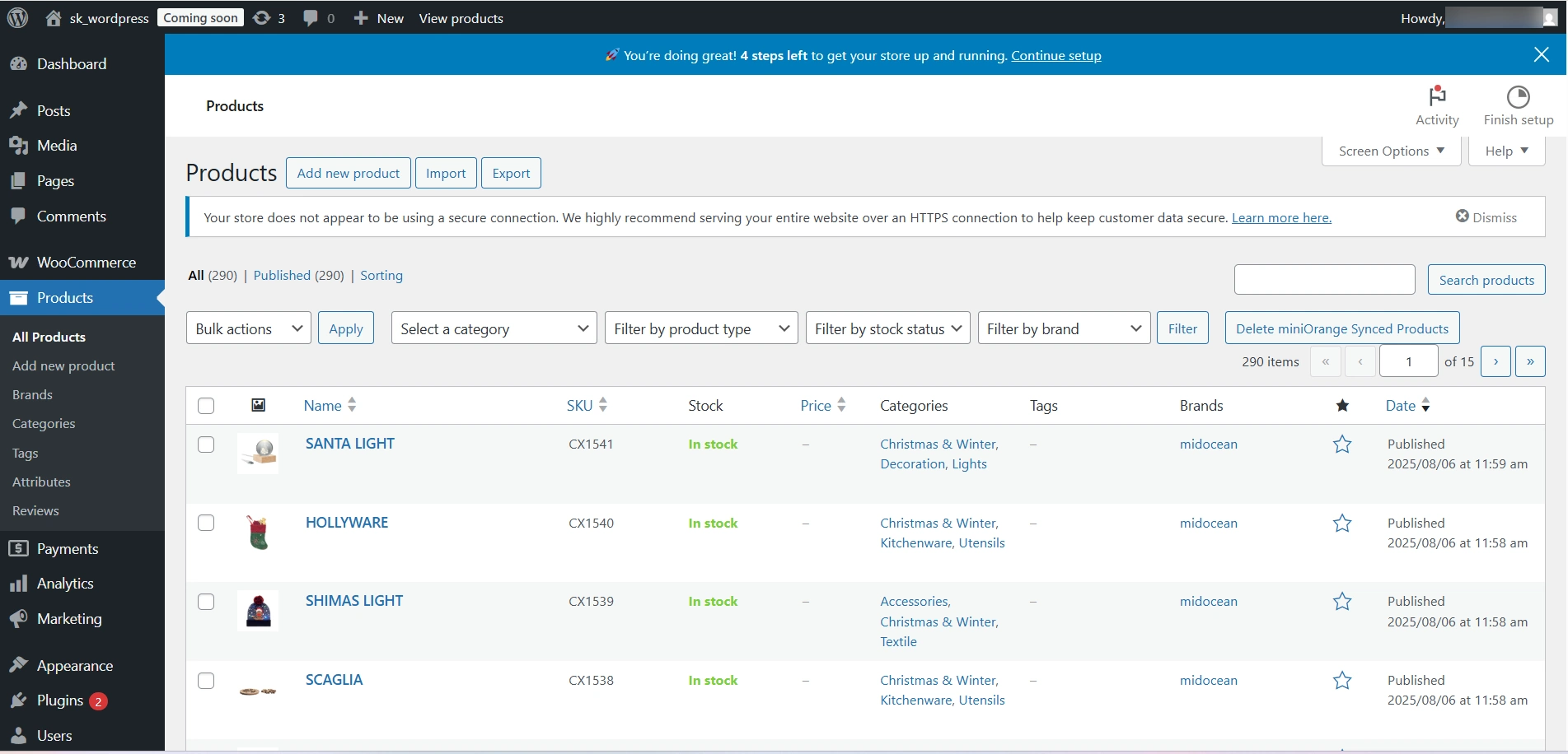 View imported midocean products in WooCommerce Products tab