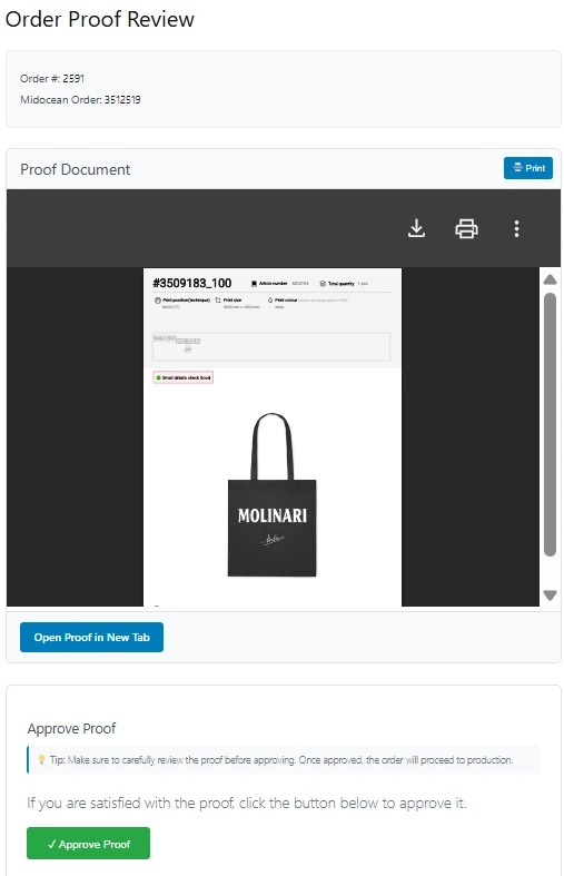 Review and approve midocean order proof in WooCommerce