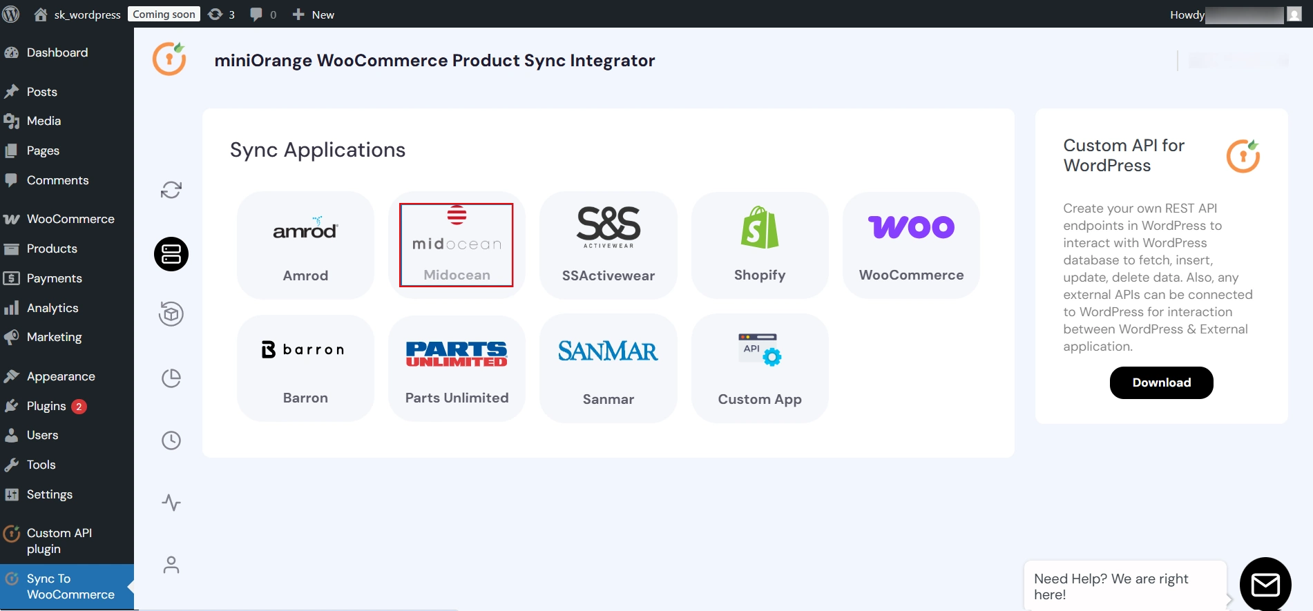Select midocean application for product synchronization in WooCommerce
