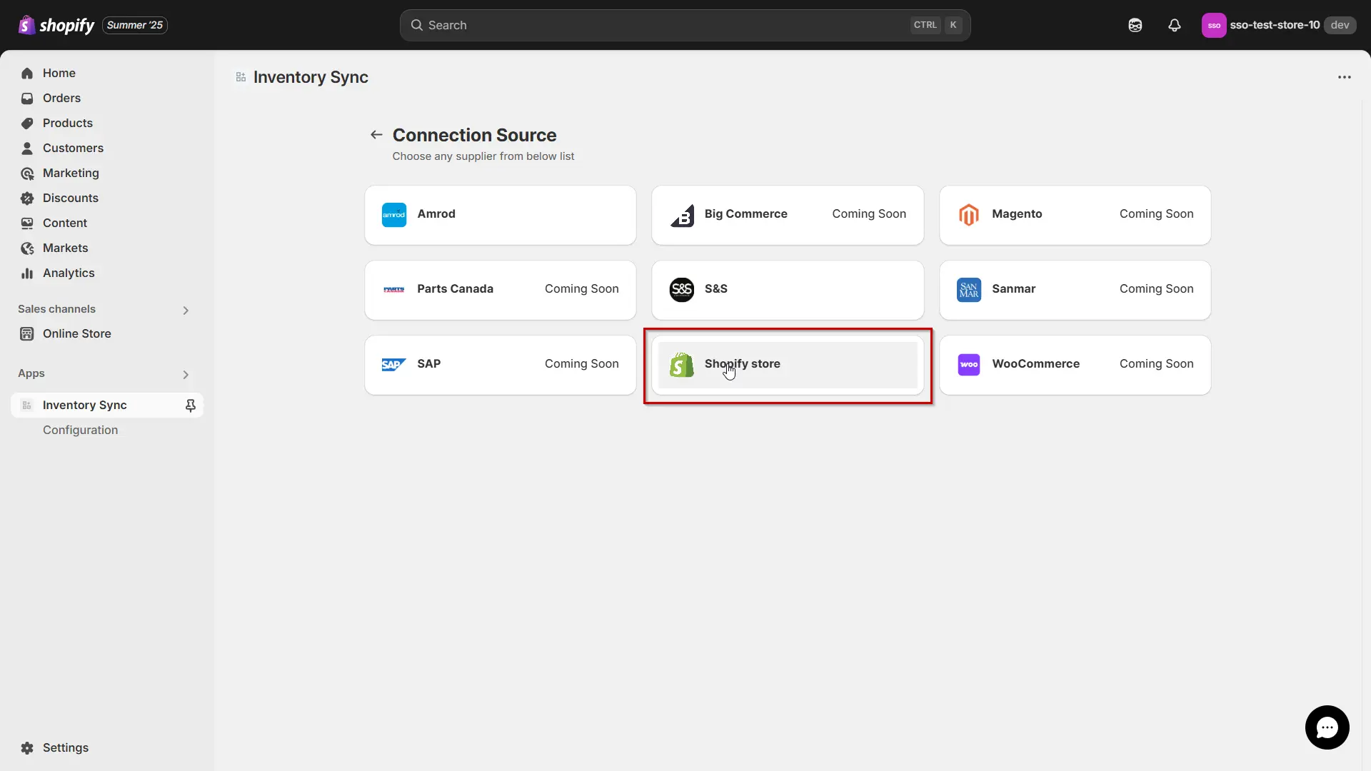 Shopify 在庫同期 MO - 接続元として Shopify を選択