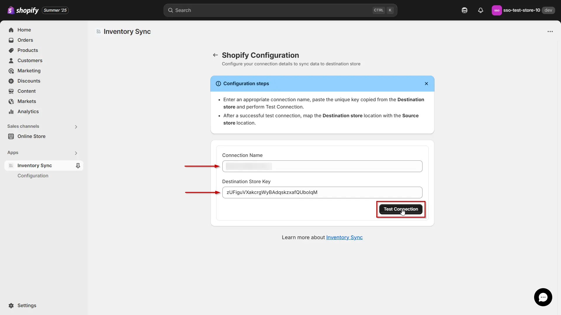 Shopify Inventory Store to Store Sync -Enter Credentials & Test Connection