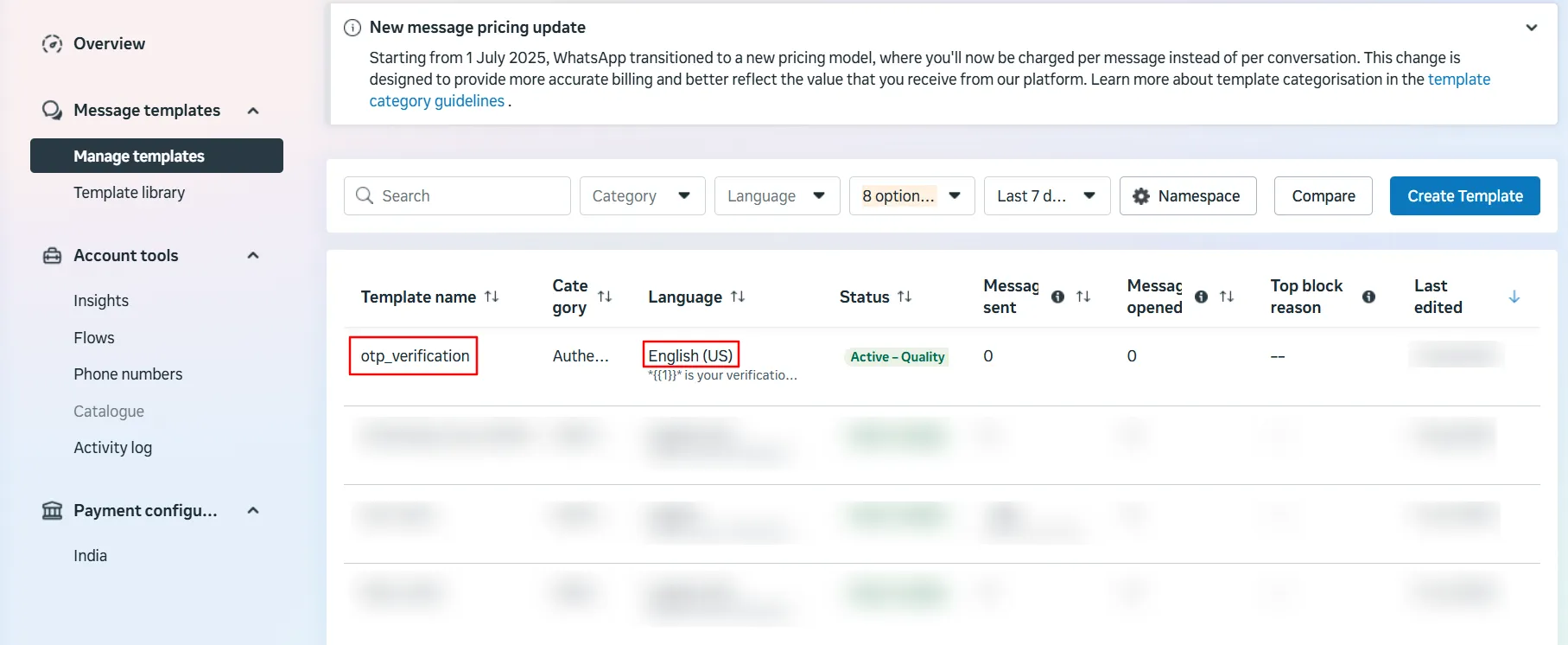 WhatsApp Business Account - Note Template Name