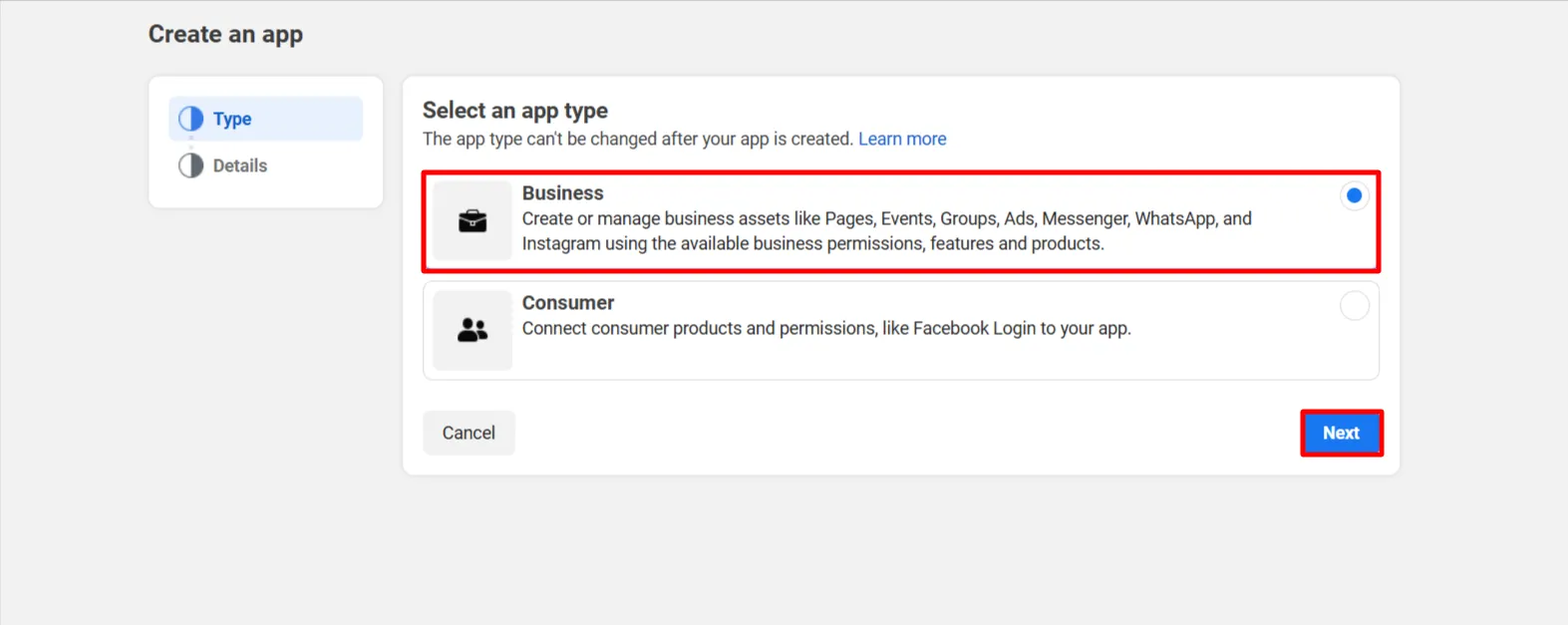 WhatsApp Business Account - Select Business App type