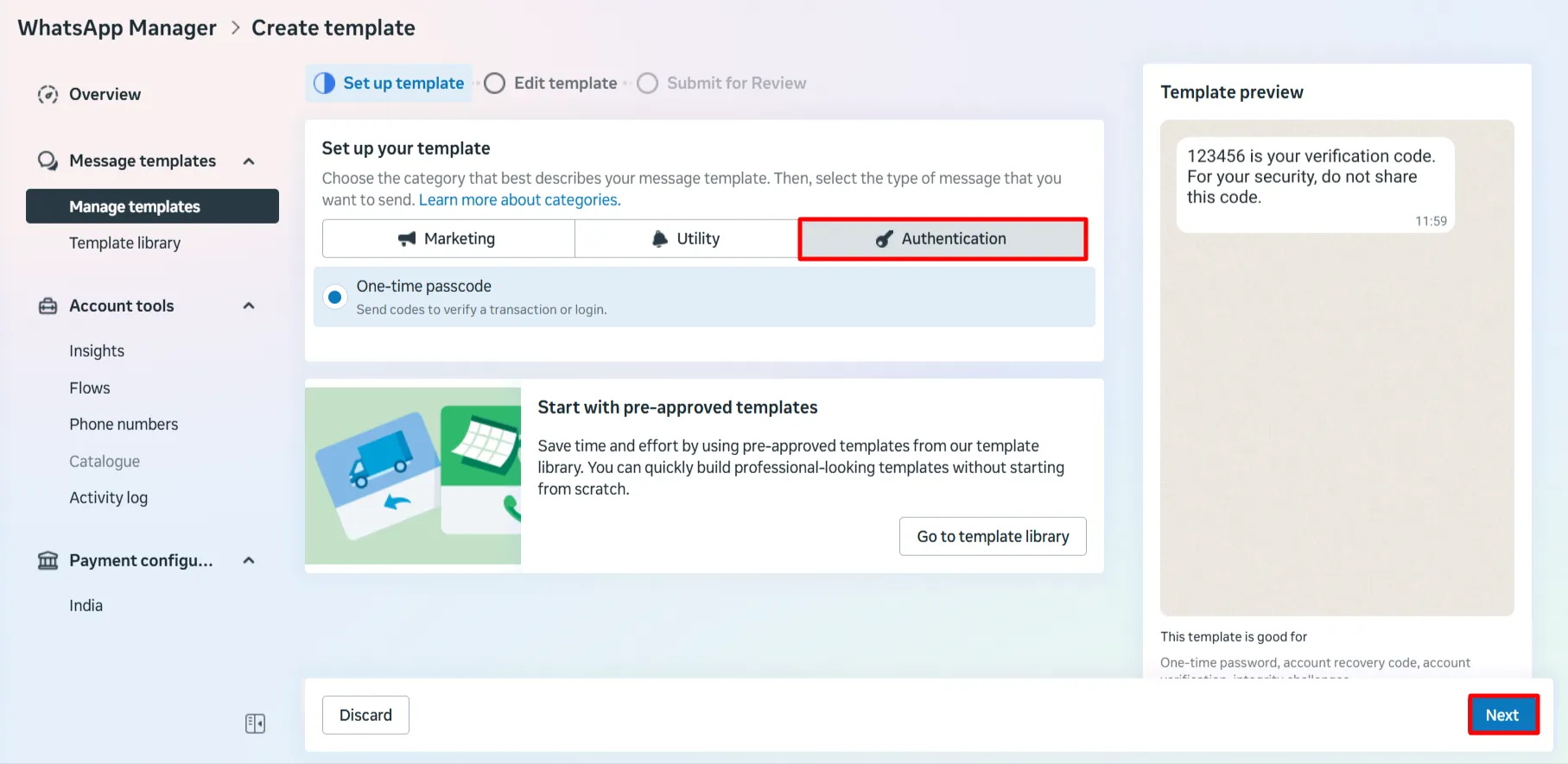 WhatsApp Business Account - Select Authentication