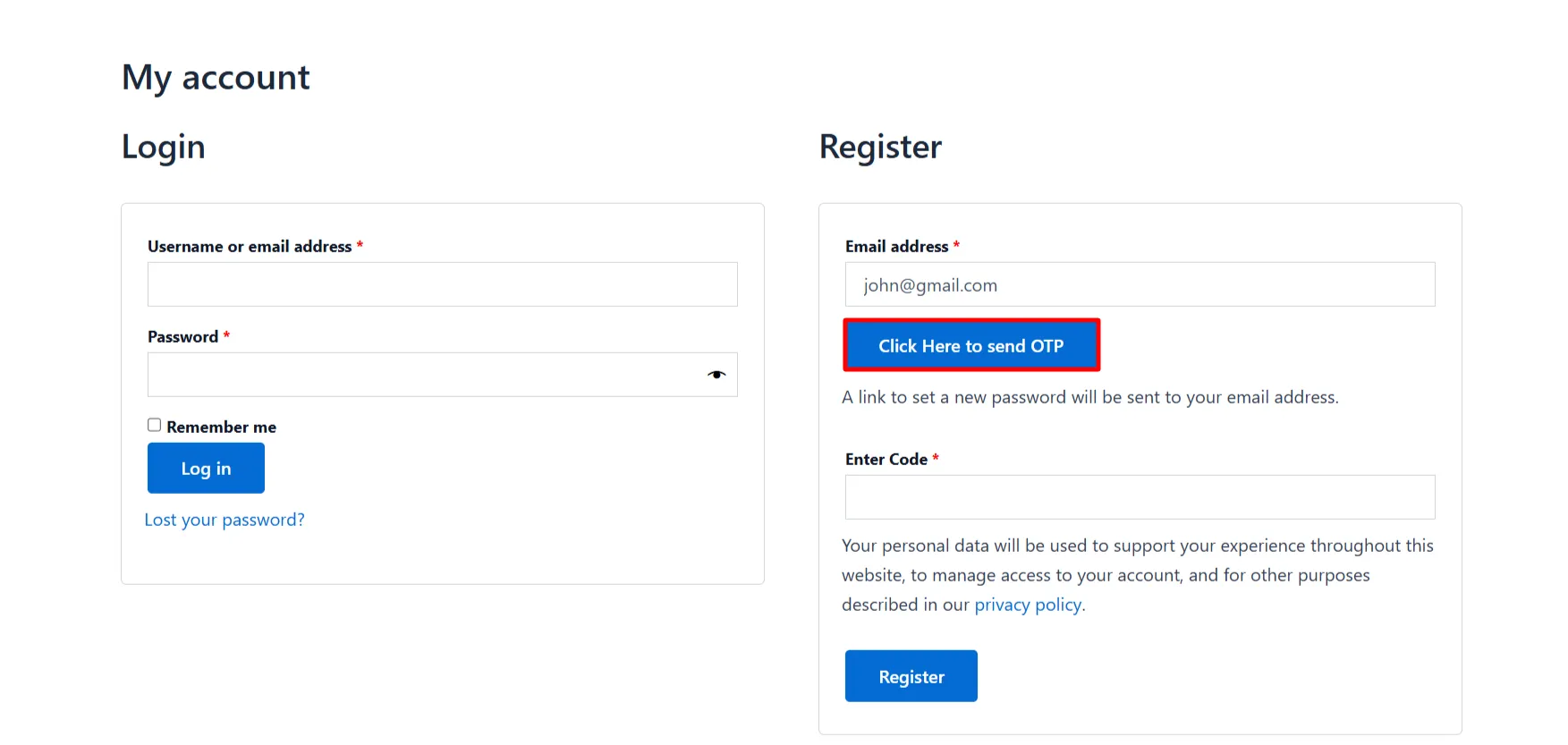 WooCommerce Registration Form OTP - Enter email address