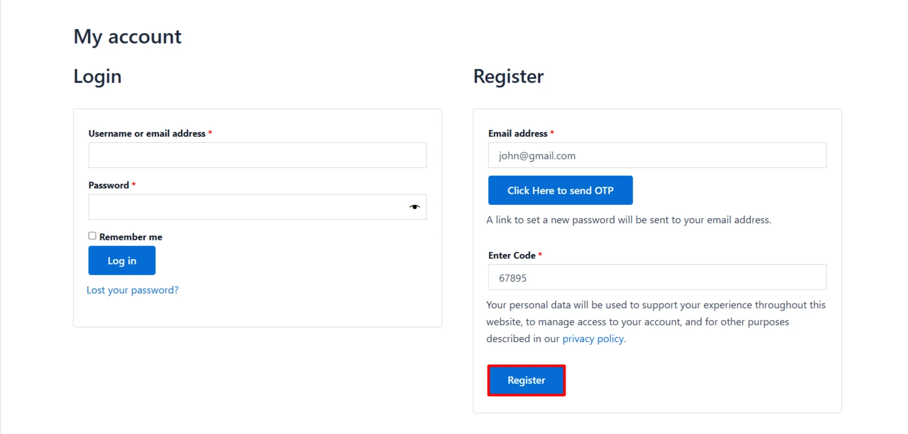 WooCommerce Registration Form OTP - email Verification on page Enter OTP Code