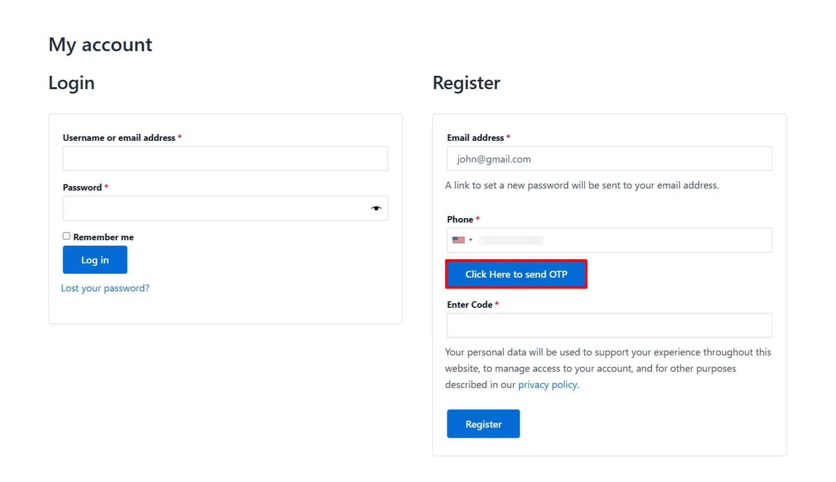 WooCommerce Registration Form OTP - Click here to send OTP