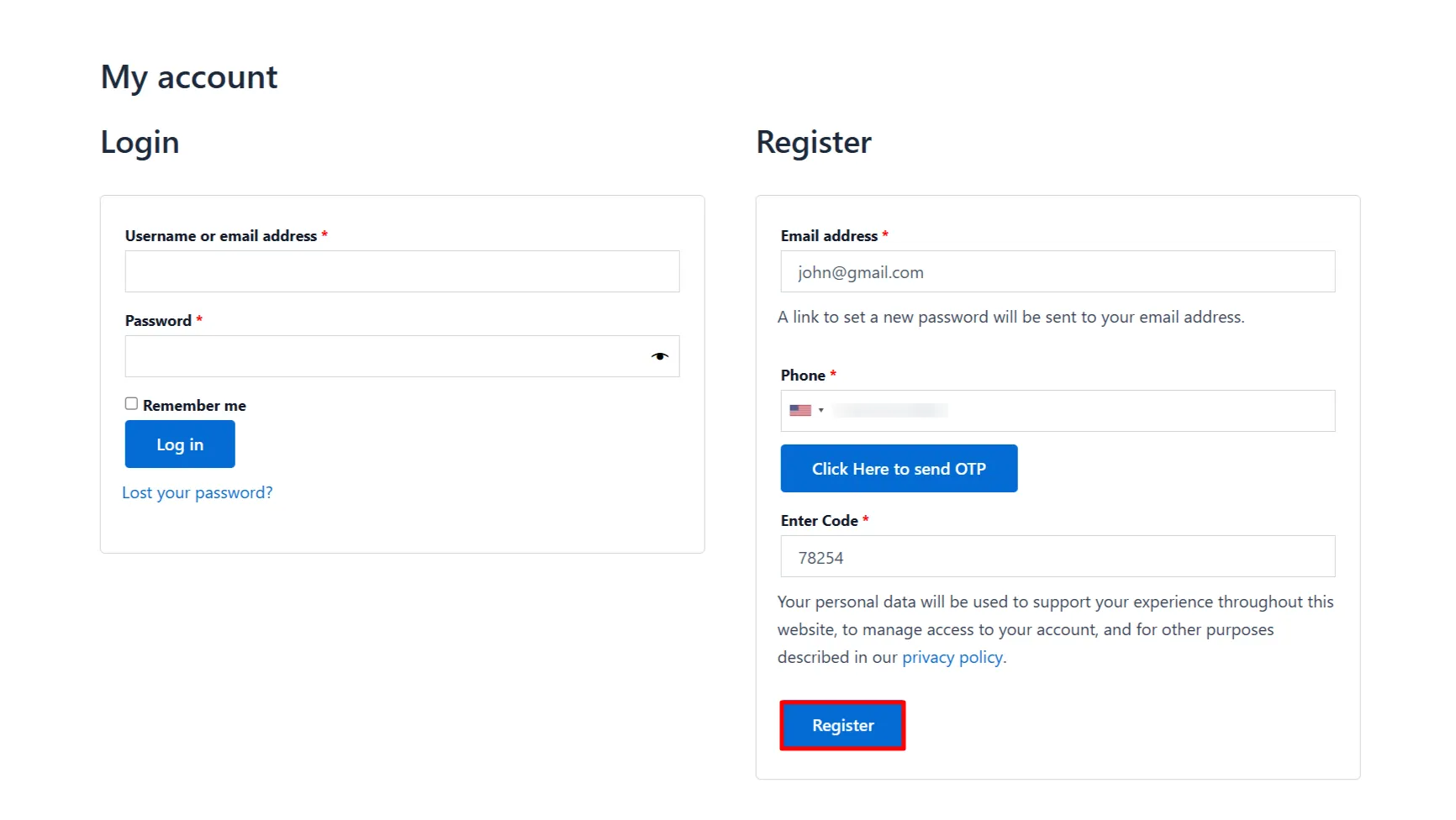 WooCommerce Registration Form OTP - Enter Code