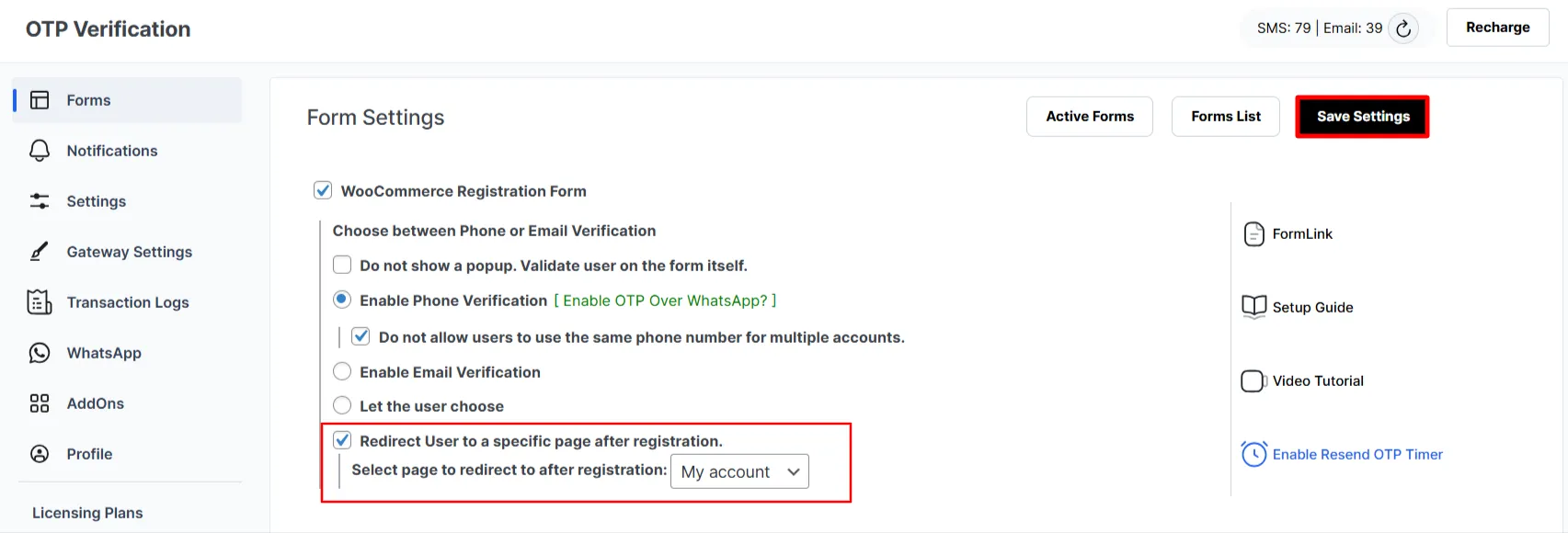WooCommerce Registration Form OTP - Click Save Settings button