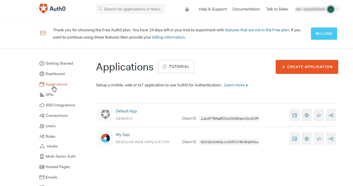 Auth0 dashboard