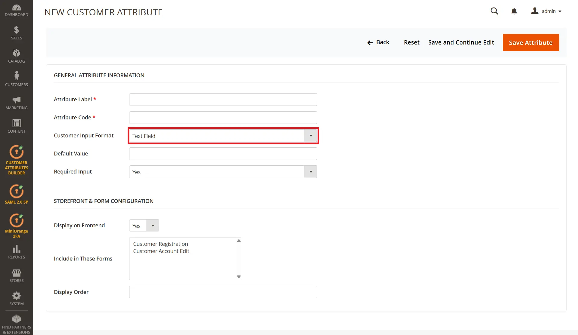 Magento Customer Attribute Builder - input format