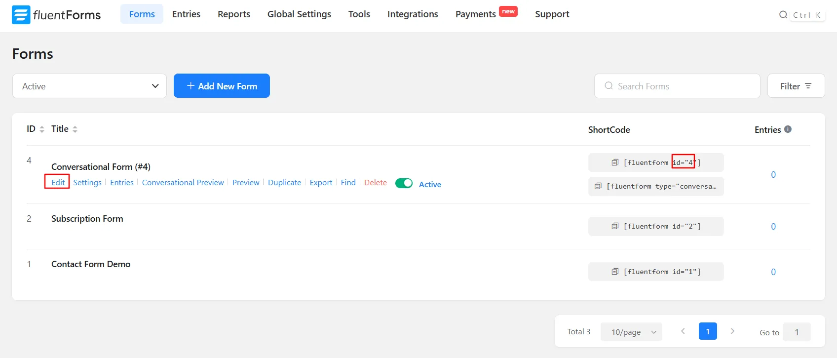 Fluent Conversational Form OTP - note form ID