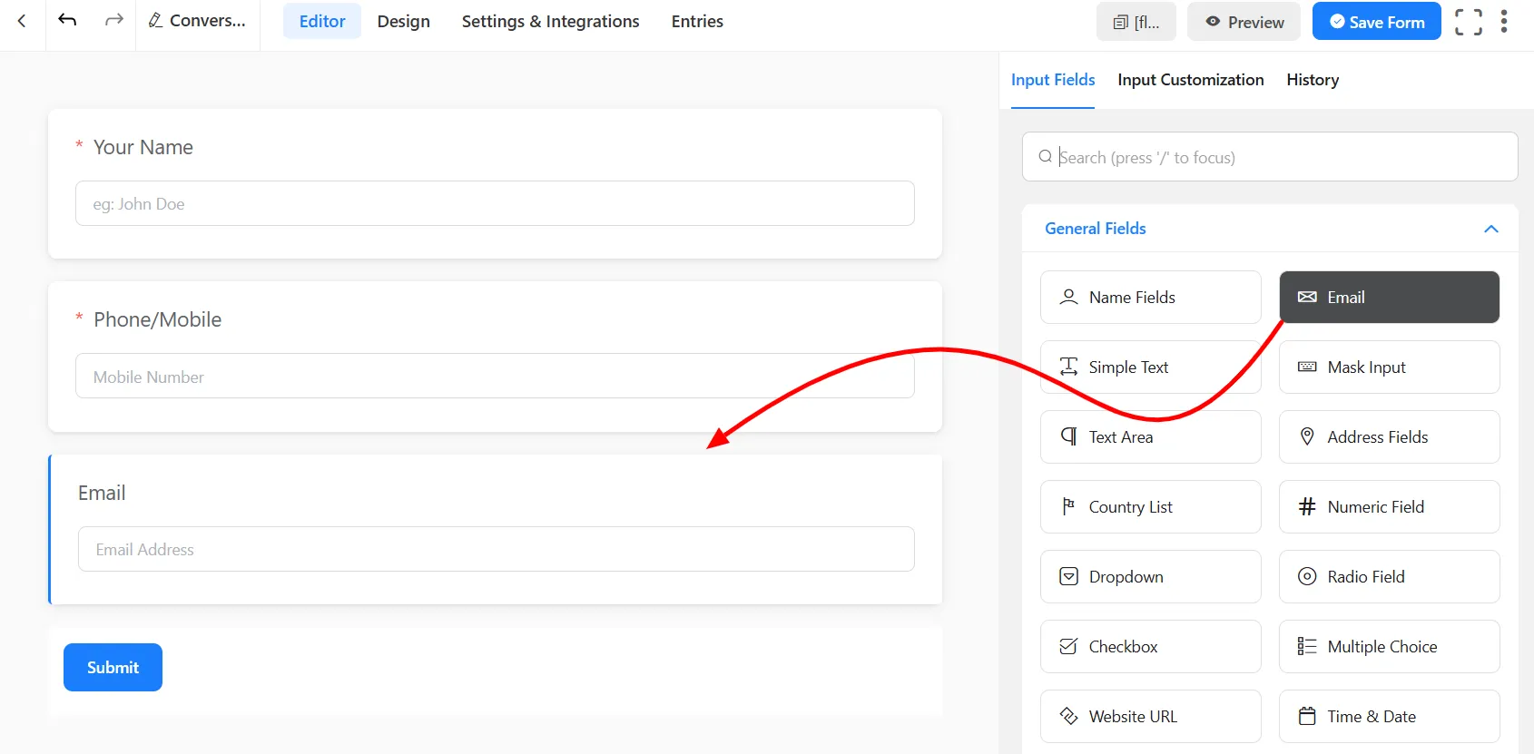 Fluent Conversational Form OTP - Drag Email field