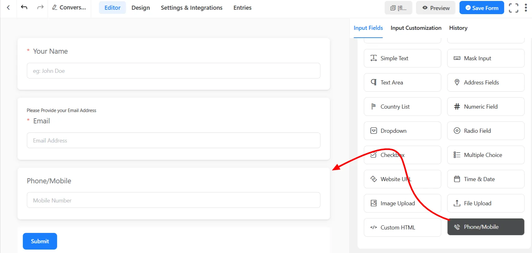 Fluent Conversational Form OTP - Drag Phone field