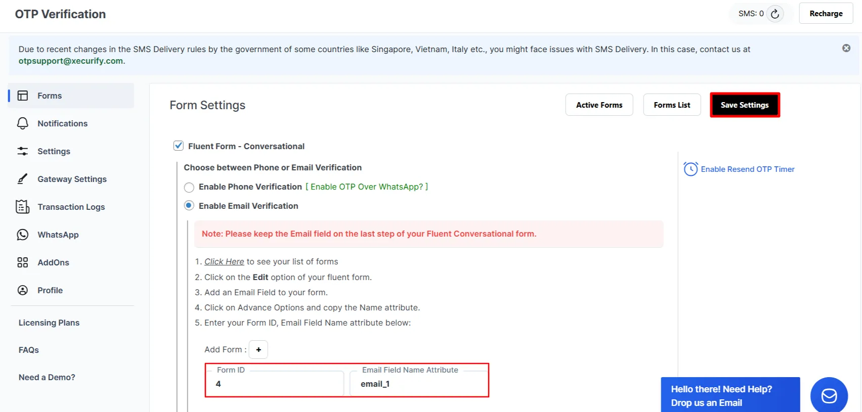 WP Fluent Conversational Form OTP - Enter email field name attribute