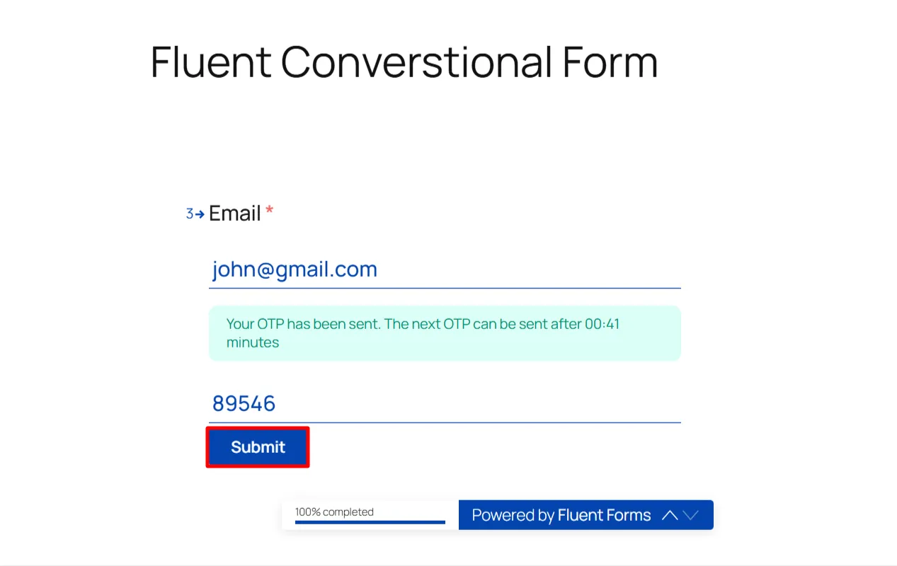 WP Fluent Conversational Form OTP Verification - Email form submit
