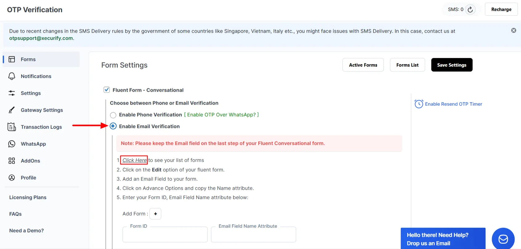 Fluent Conversational Form OTP - Email Verification Click Click here
