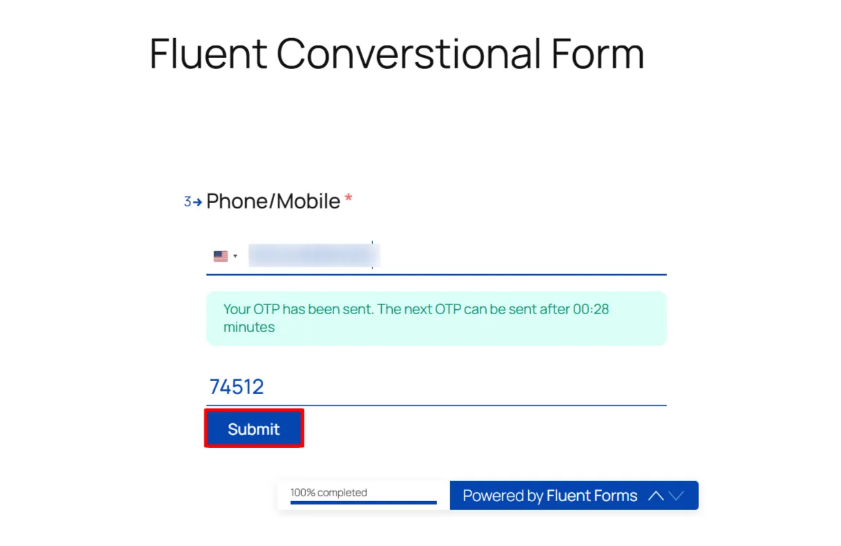 WP Fluent Conversational Form OTP - form submit successfully