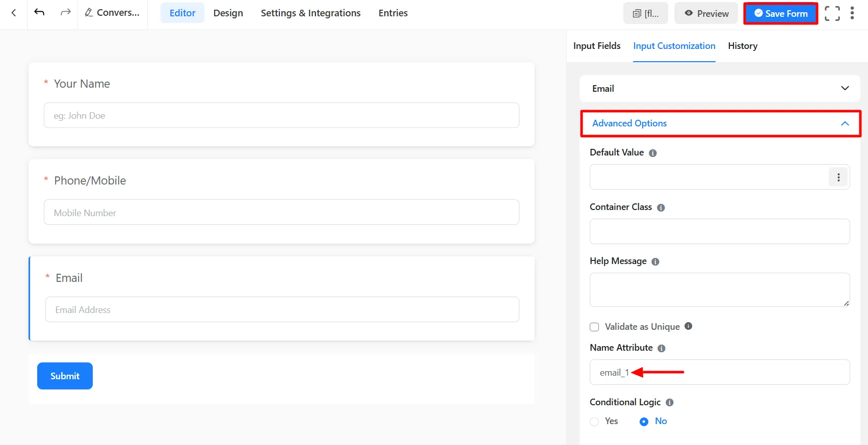 WP Fluent Conversational Form OTP - Note Email name attribute