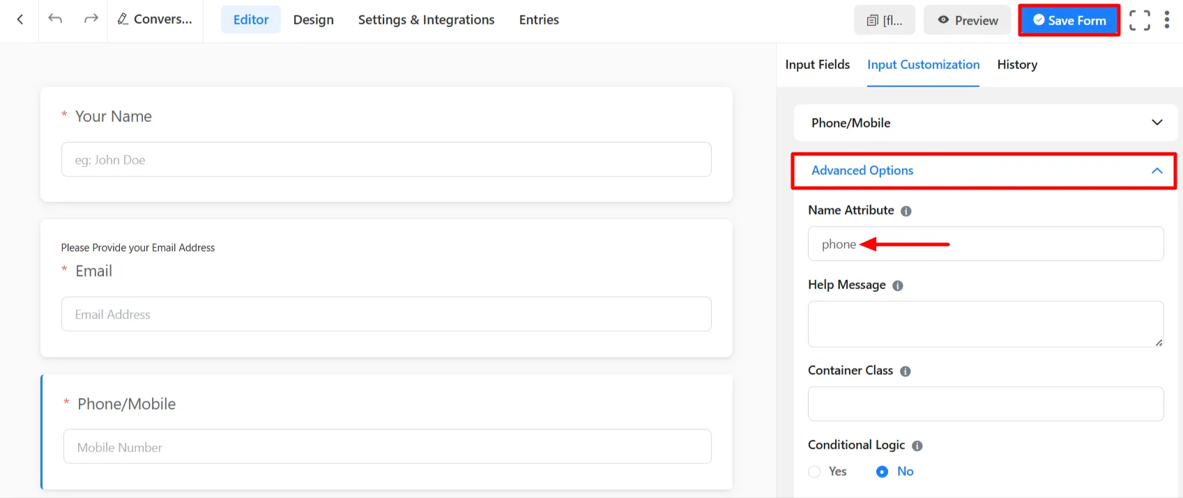 WP Fluent Conversational Form OTP - Note Phone name attribute