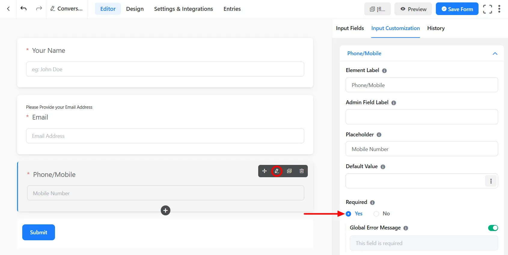 Fluent Conversational Form OTP - Phone field required