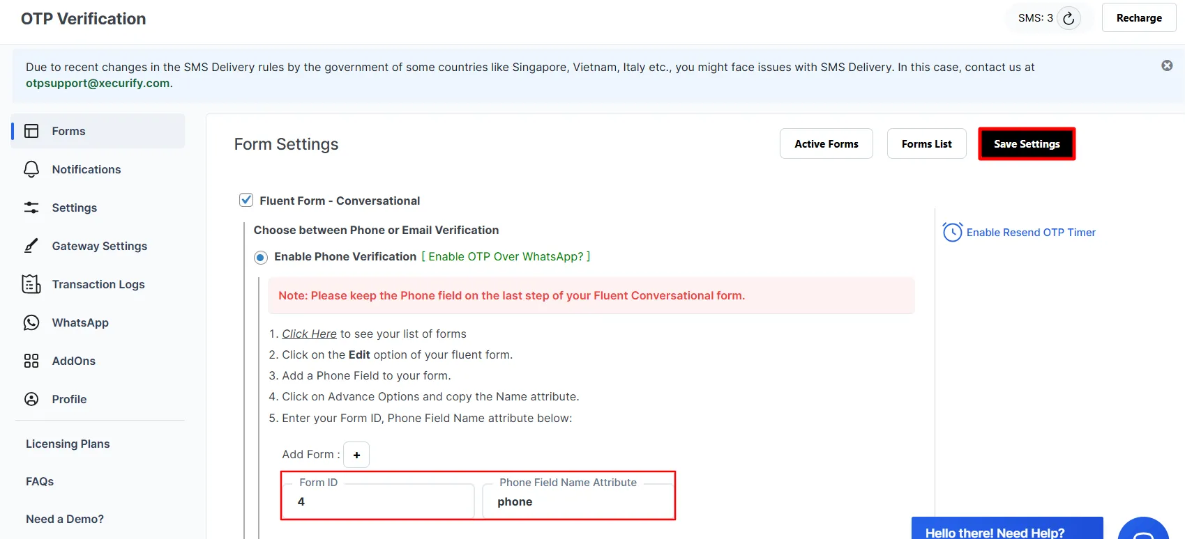 WP Fluent Conversational Form OTP - Enter phone field name attribute