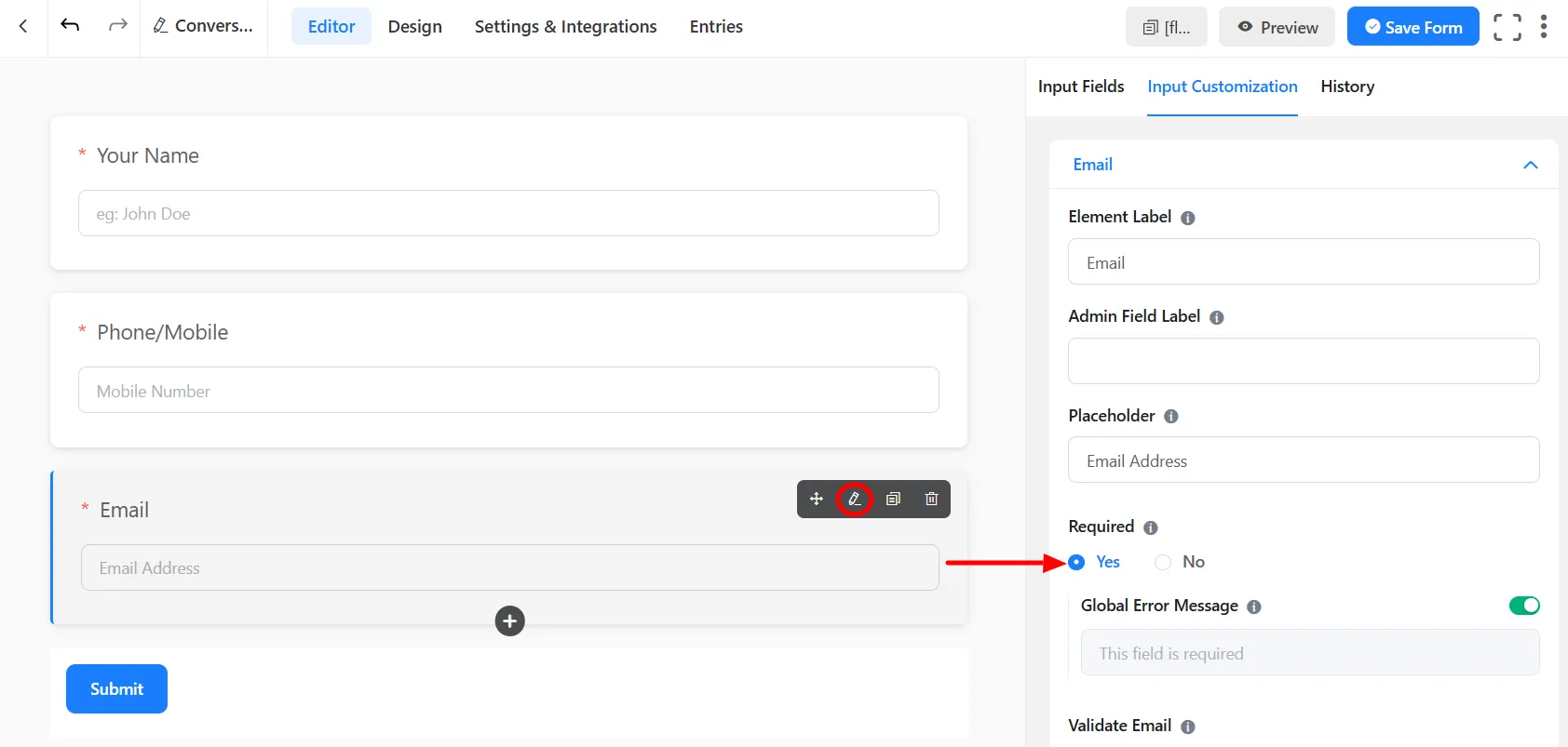 Fluent Conversational Form OTP - Email field required