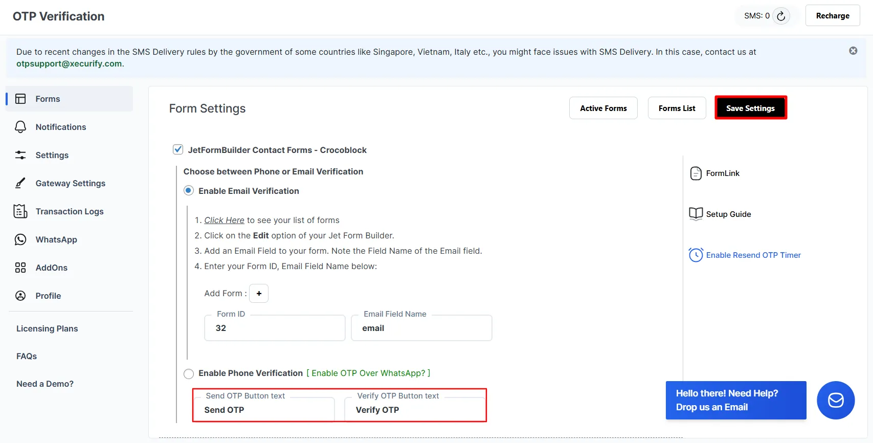 Jet Form Crocoblock OTP - email verification save settings
