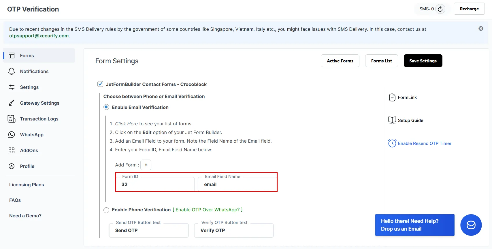 Crocoblock JetFormBuilder OTP Verification - email verification enter form id