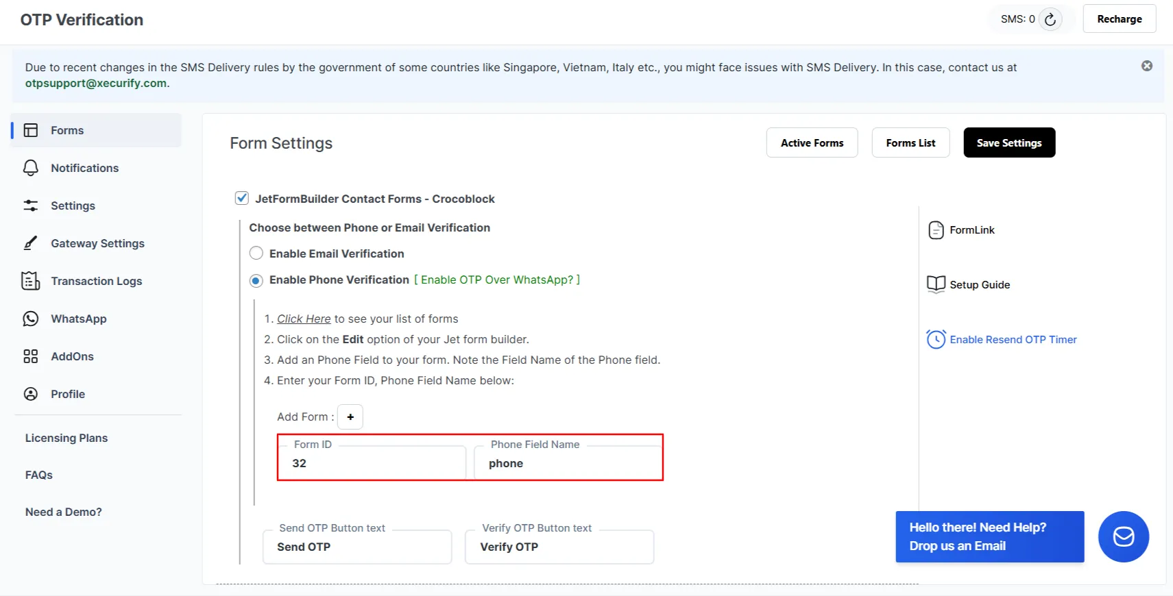 Crocoblock JetFormBuilder OTP Verification - phone verification enter form id