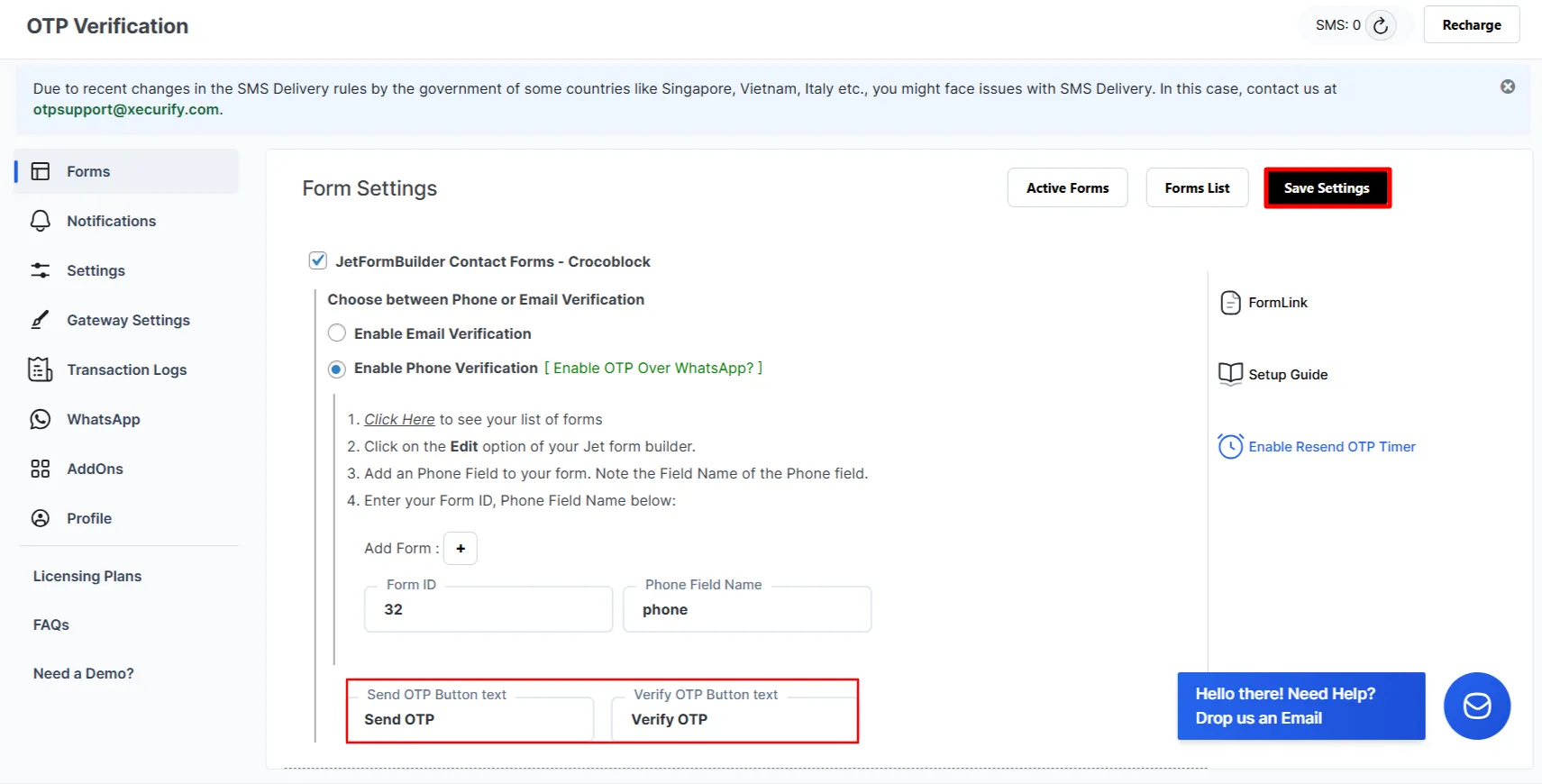 Crocoblock JetFormBuilder OTP Verification - phone verifcation click save settings