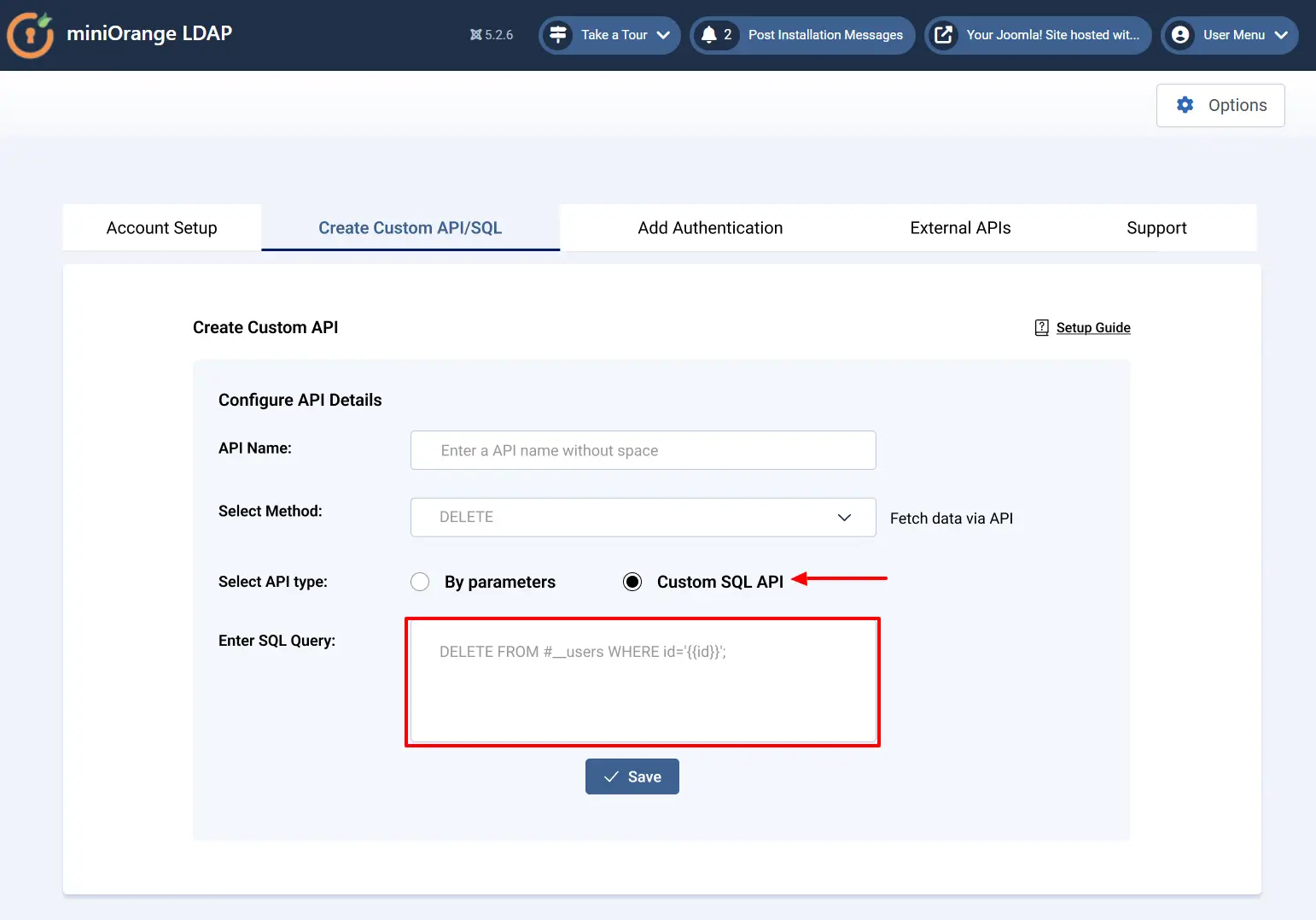 Joomla Custom API - Configure Custom SQL API