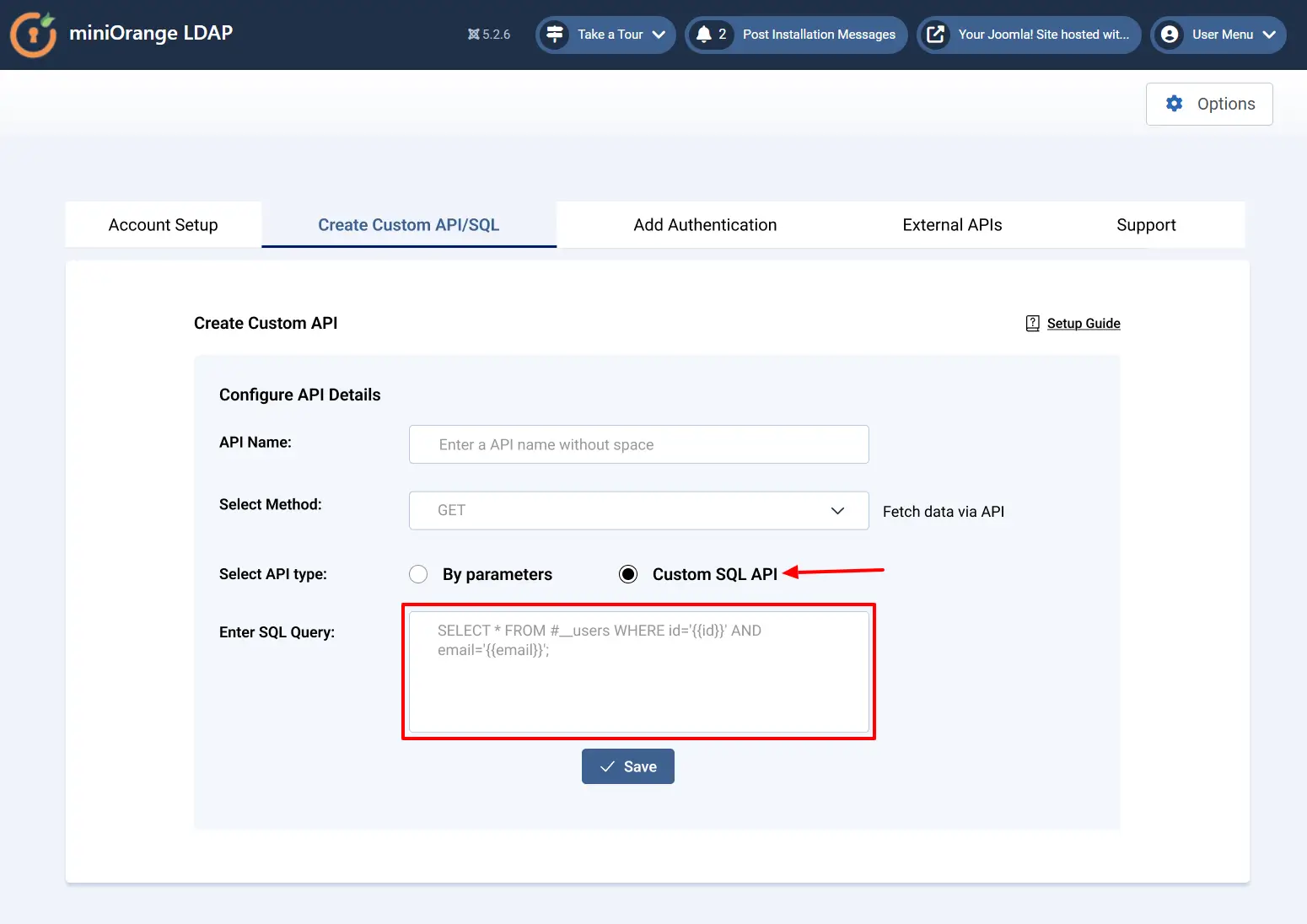 Joomla Custom API - Configure Custom SQL API