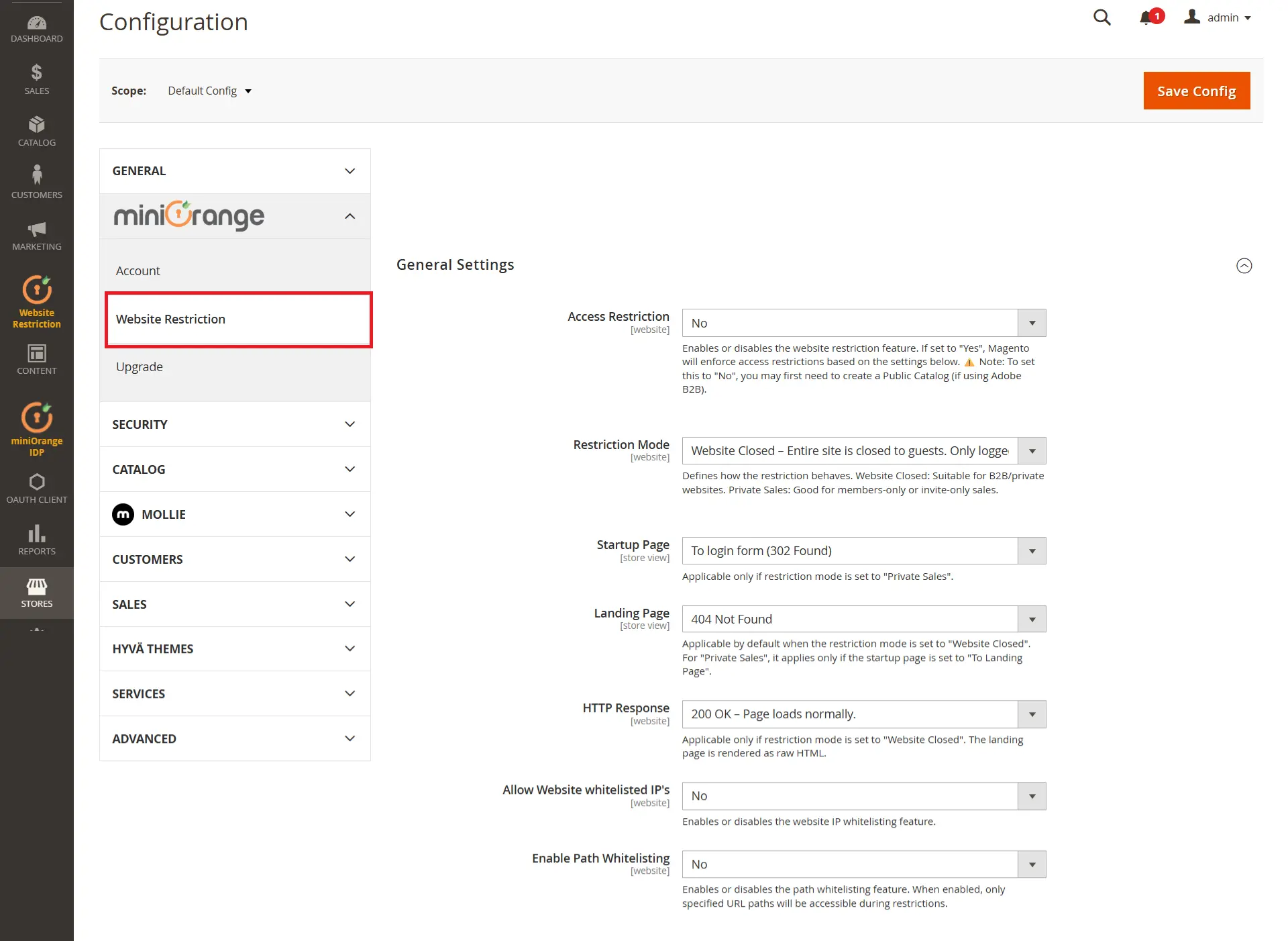Magento Website Restriction - Go to Stores config