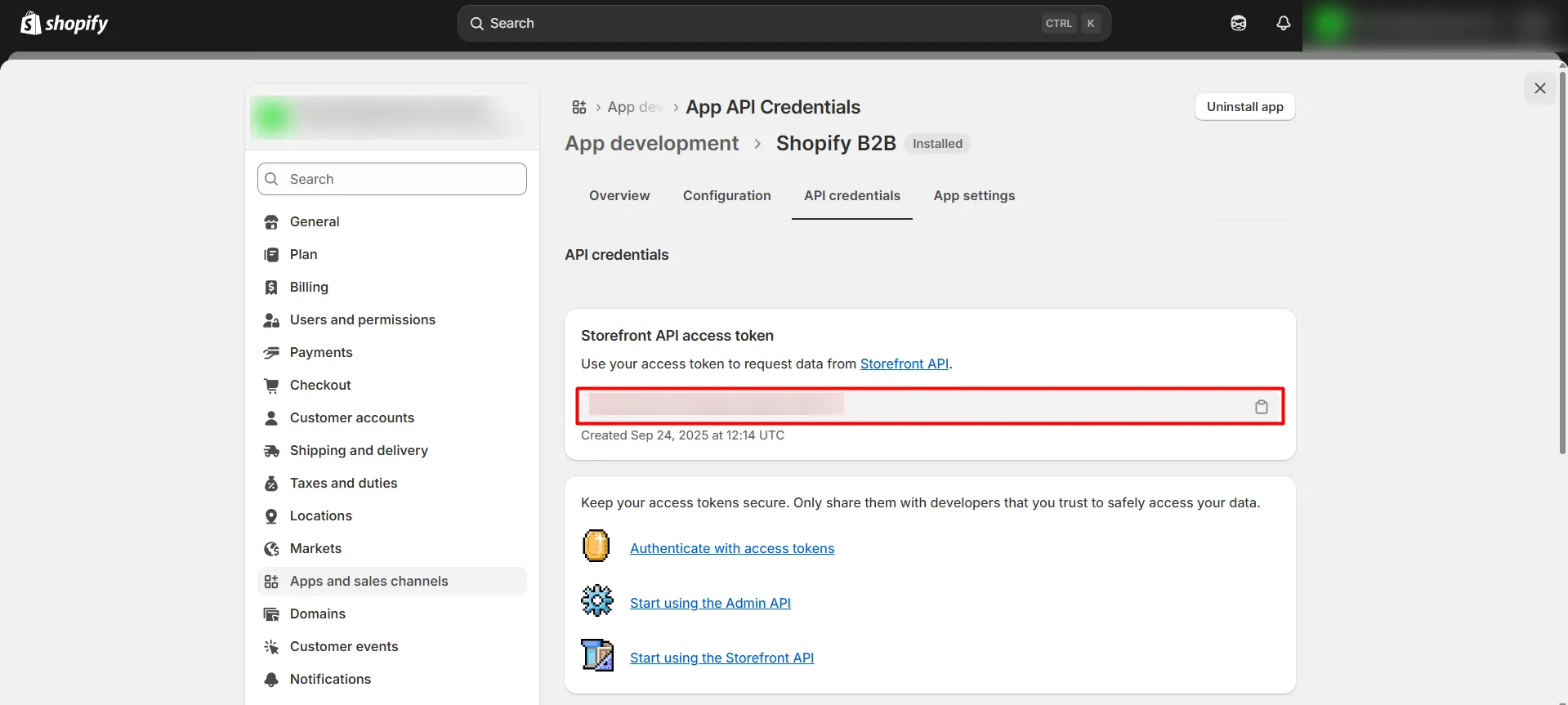 Shopify B2B in Single Sign-On (SSO) - Copy Storefront Access Token