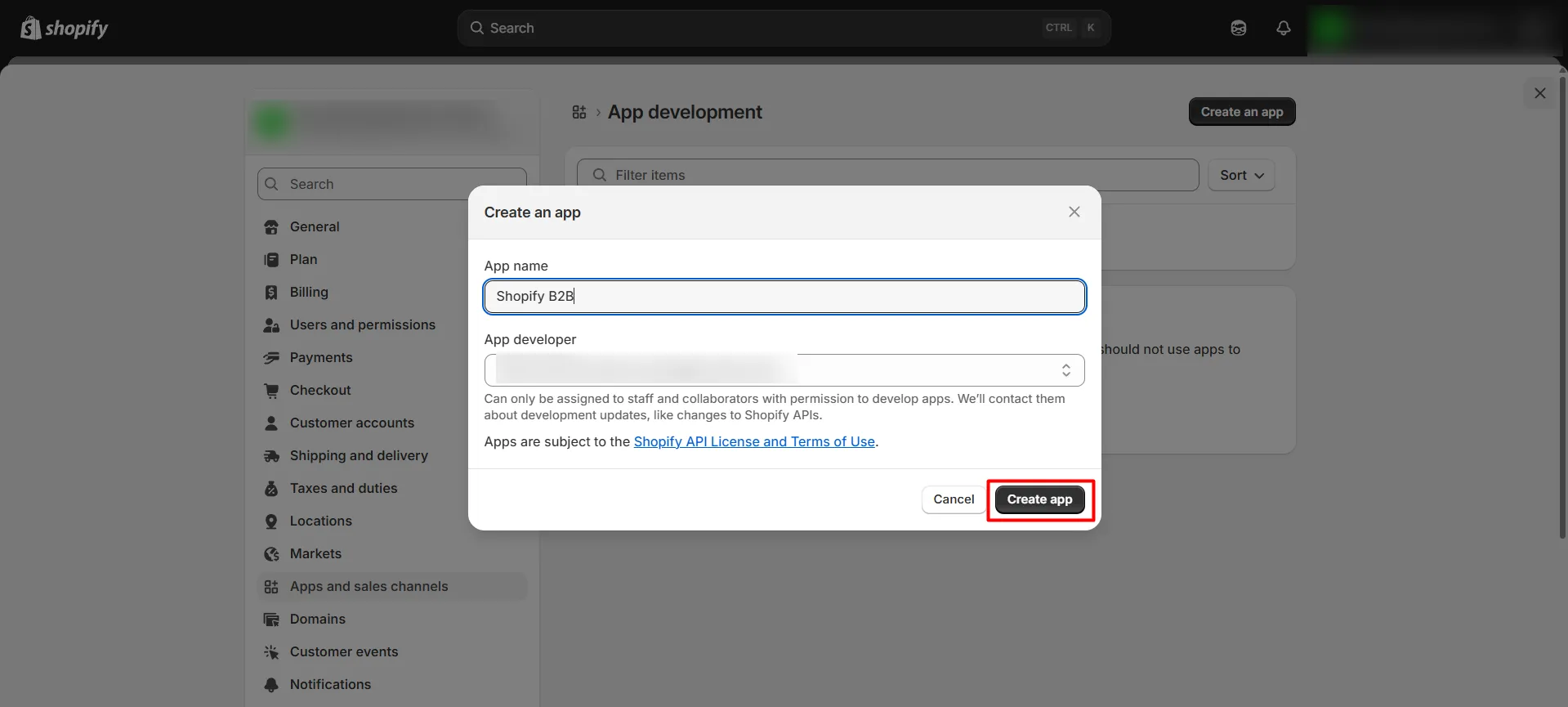 Shopify B2B in Single Sign-On (SSO) - Create App