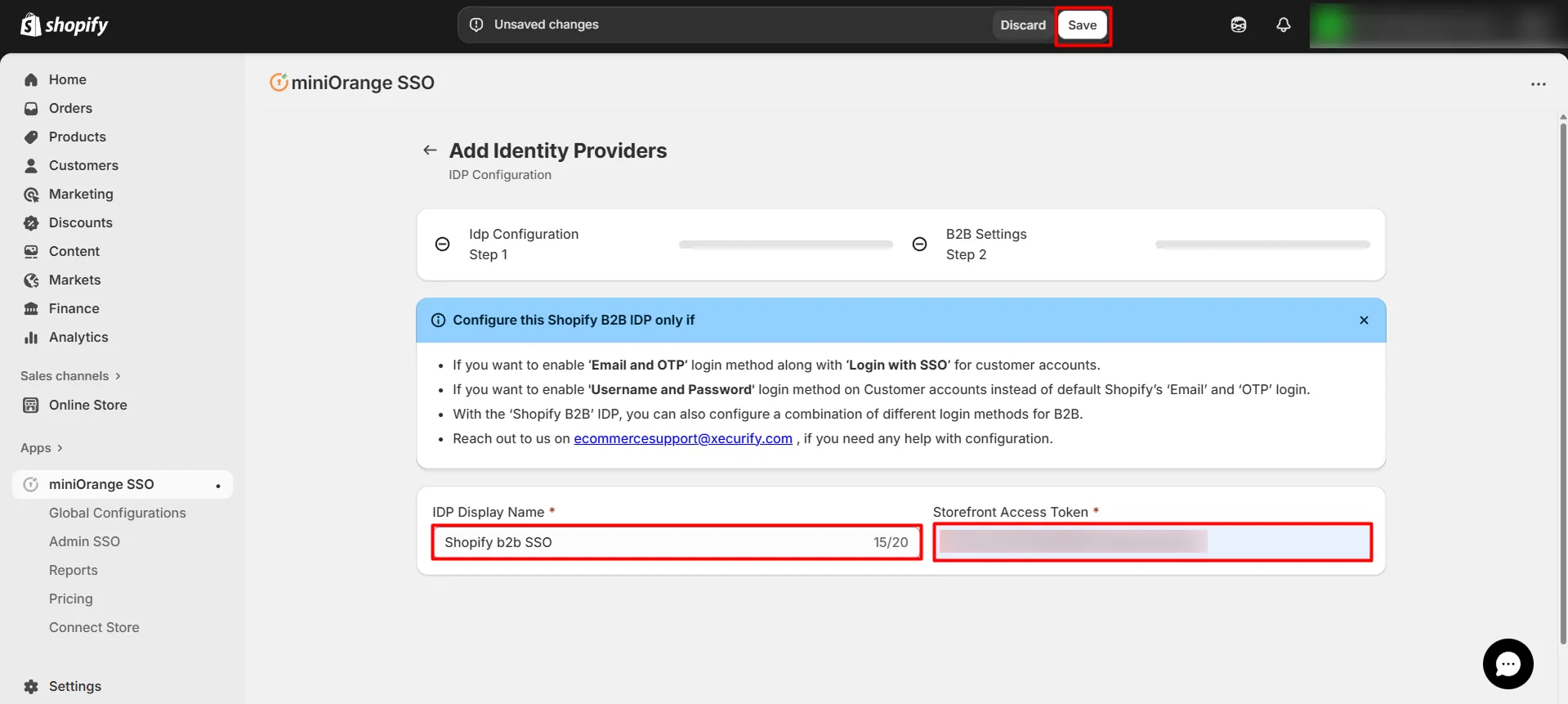 Shopify B2B in Single Sign-On (SSO) - Paste Storefront Access Token