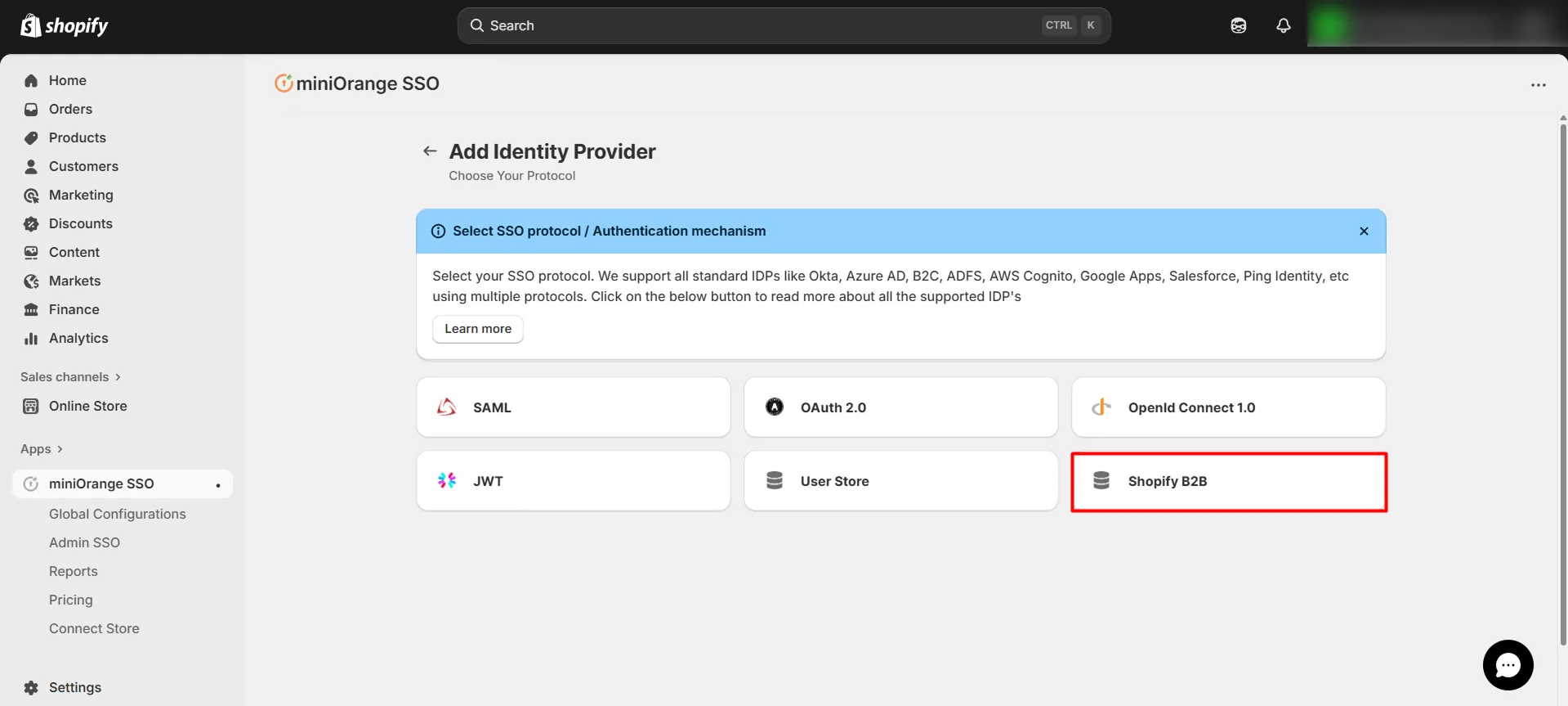Shopify B2B in Single Sign-On (SSO) - select Shopify B2B