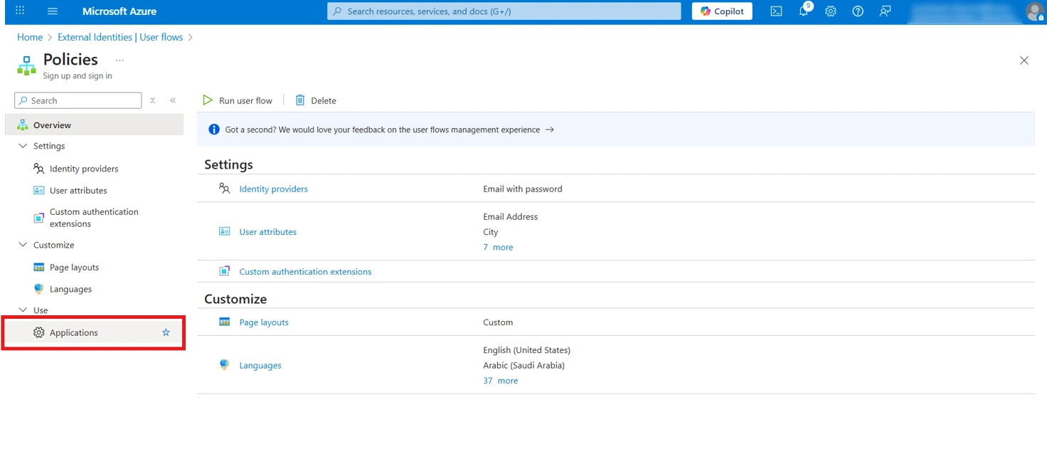 WordPress Entra External ID Single Sign On - Navigate to Applications