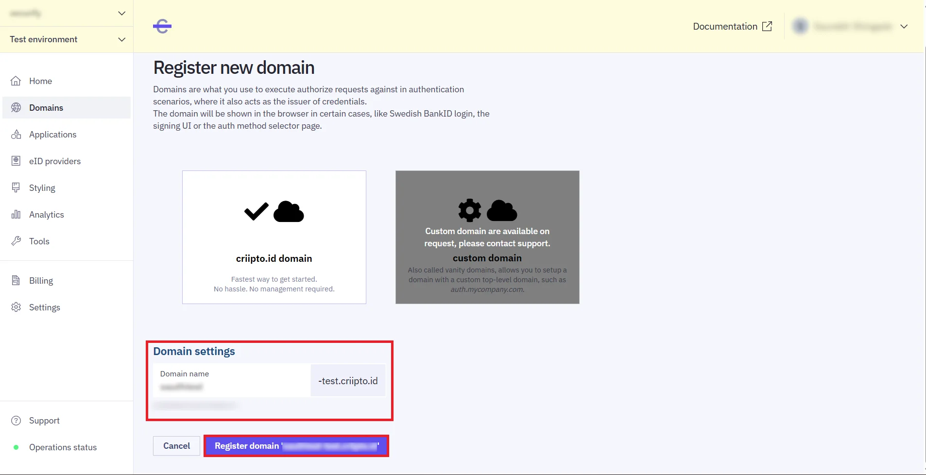 Criipto SSO login - BankId/Mitid login - Add domain name