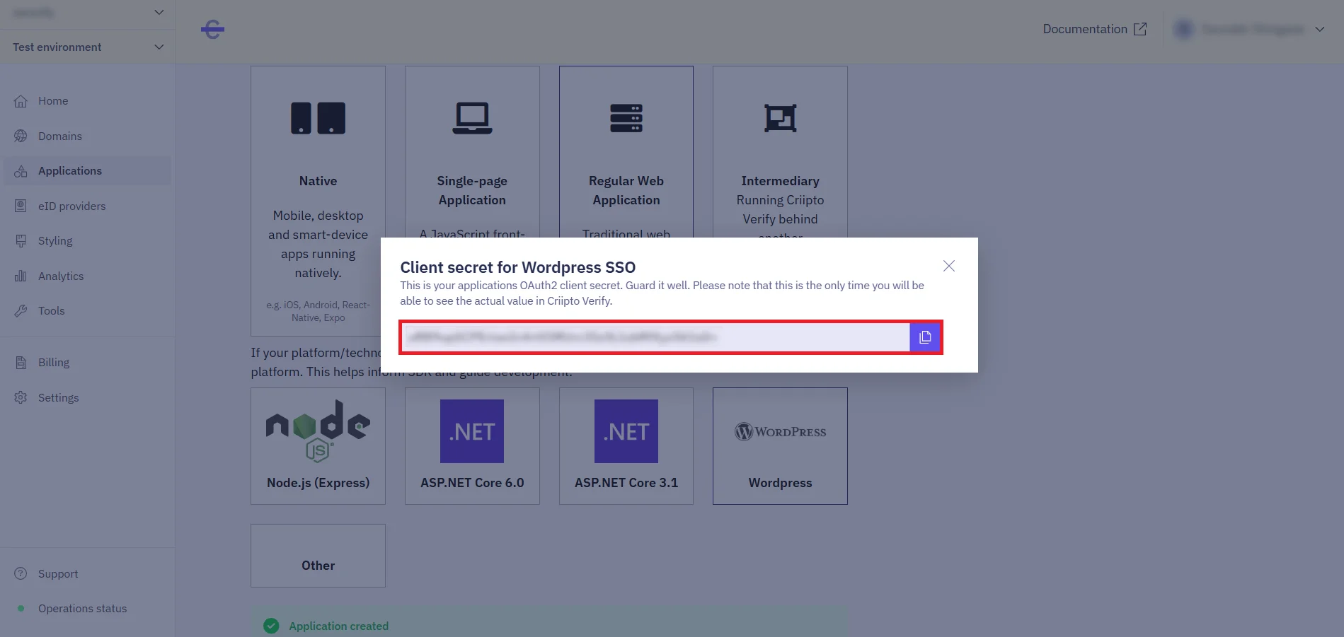 Criipto SSO login - BankId/Mitid login - copy client secret