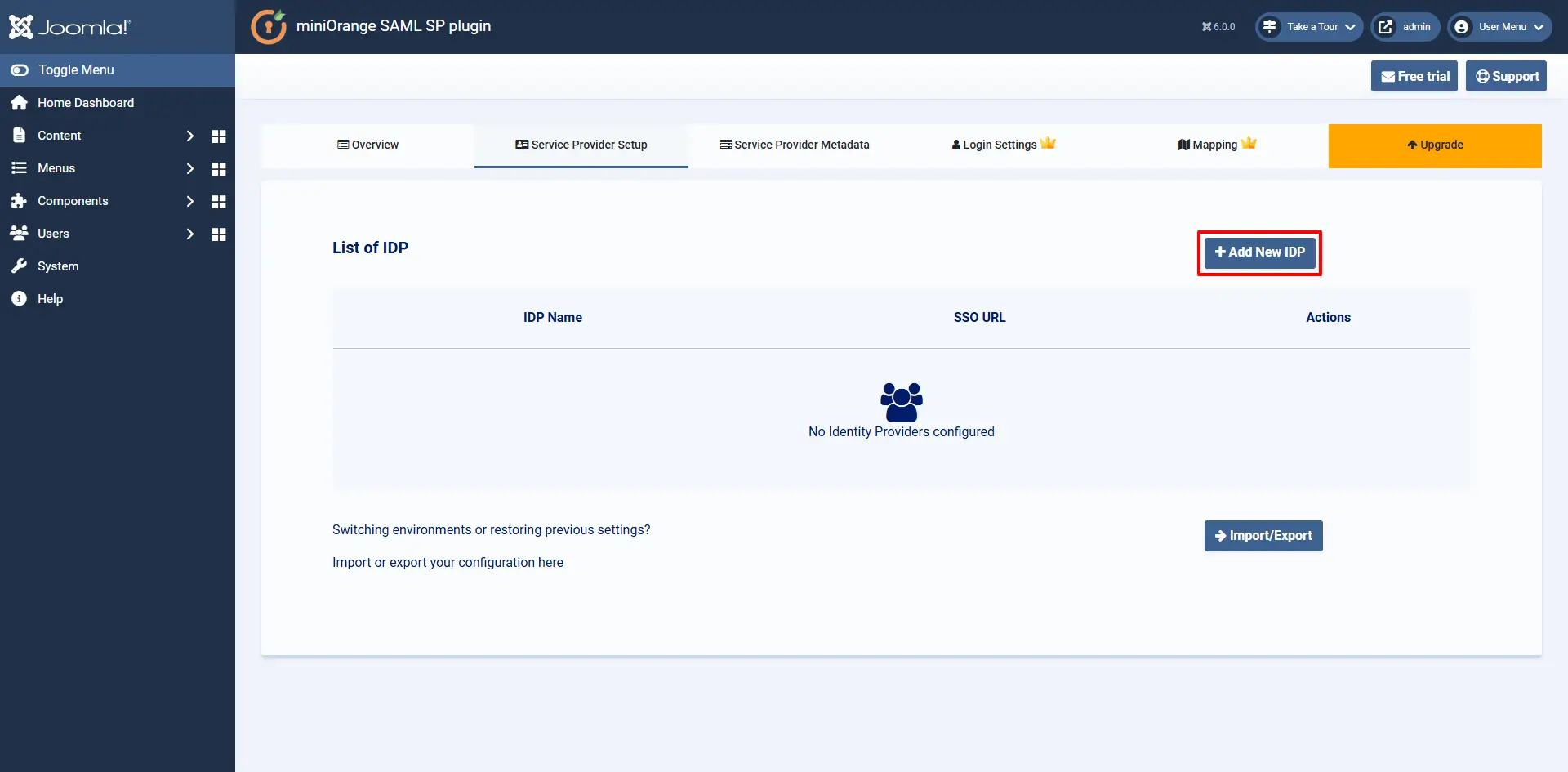 Upload IdP
    Metadata