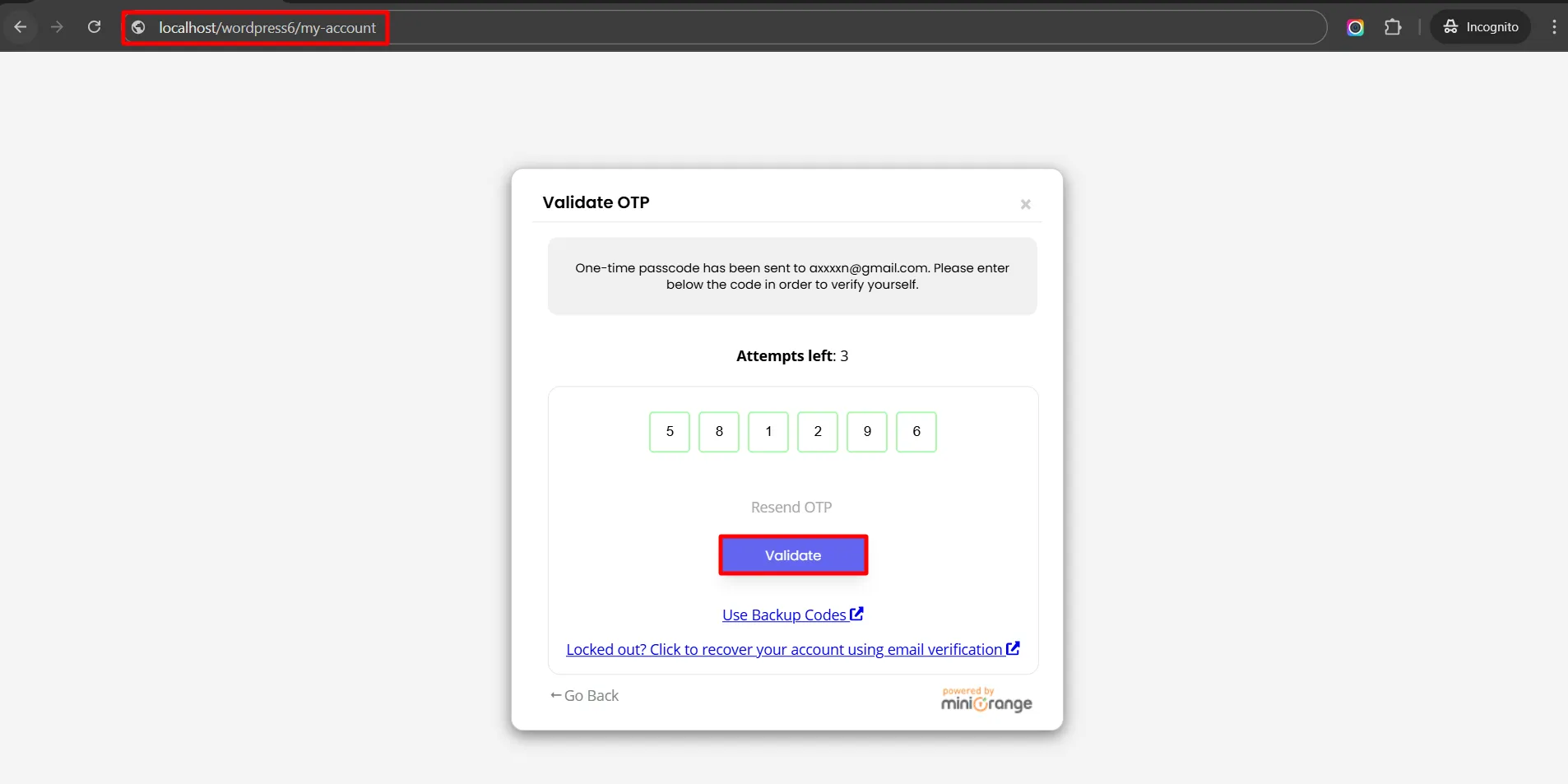 2FA on specific pages - Click Validate button