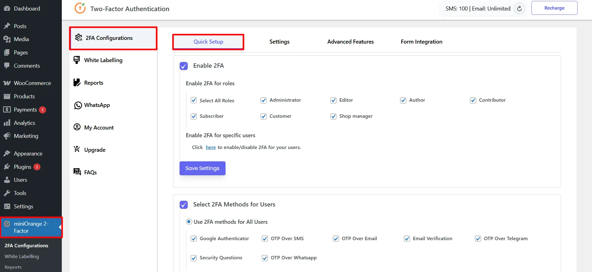 2FA on specific pages - Quick Setup tab