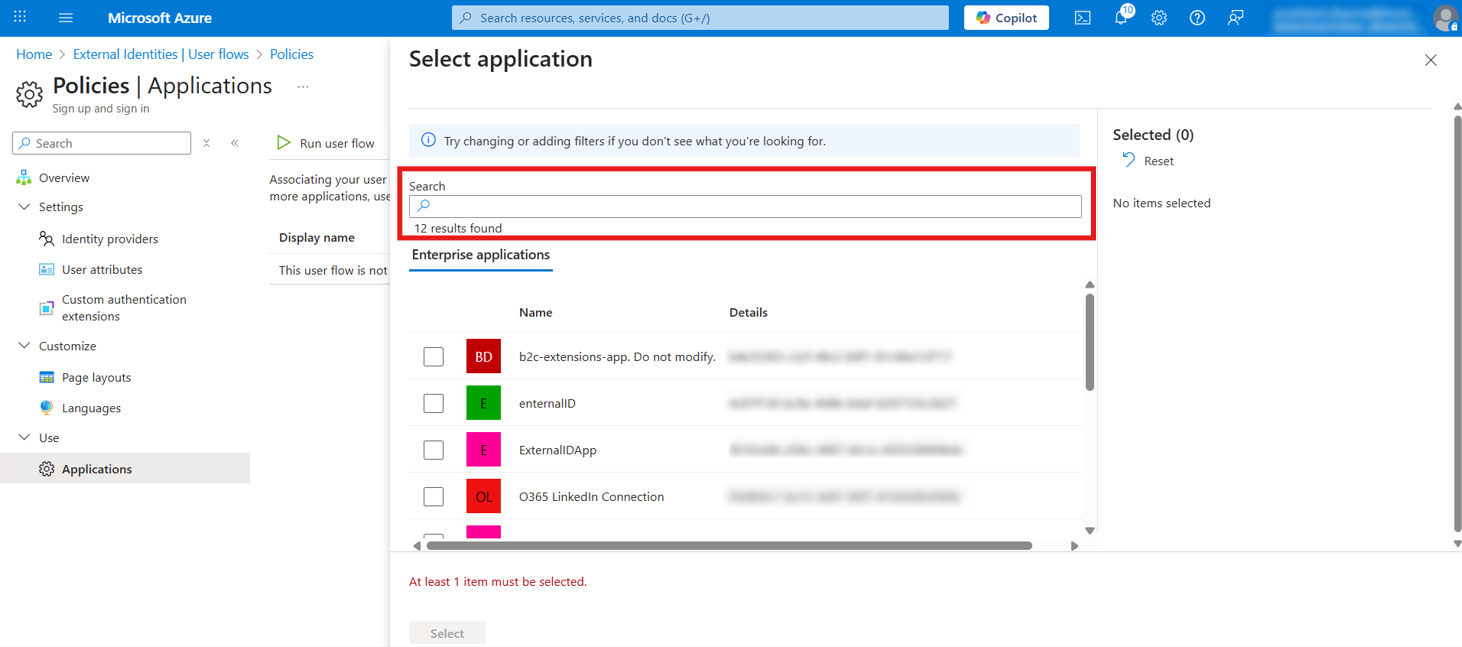 WordPress Entra External ID Single Sign On - Select Application