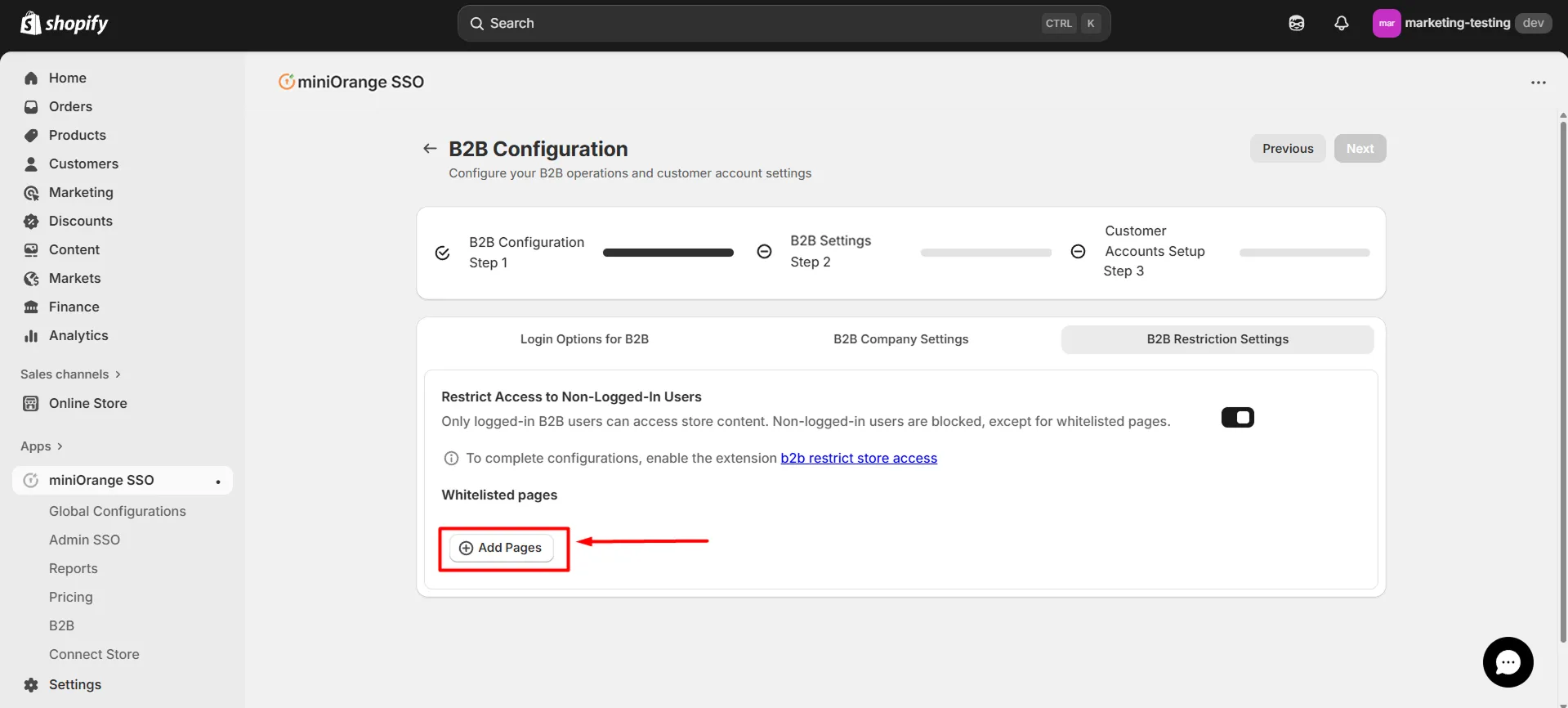 Shopify B2B in Single Sign-On (SSO) - Add whitelist pages