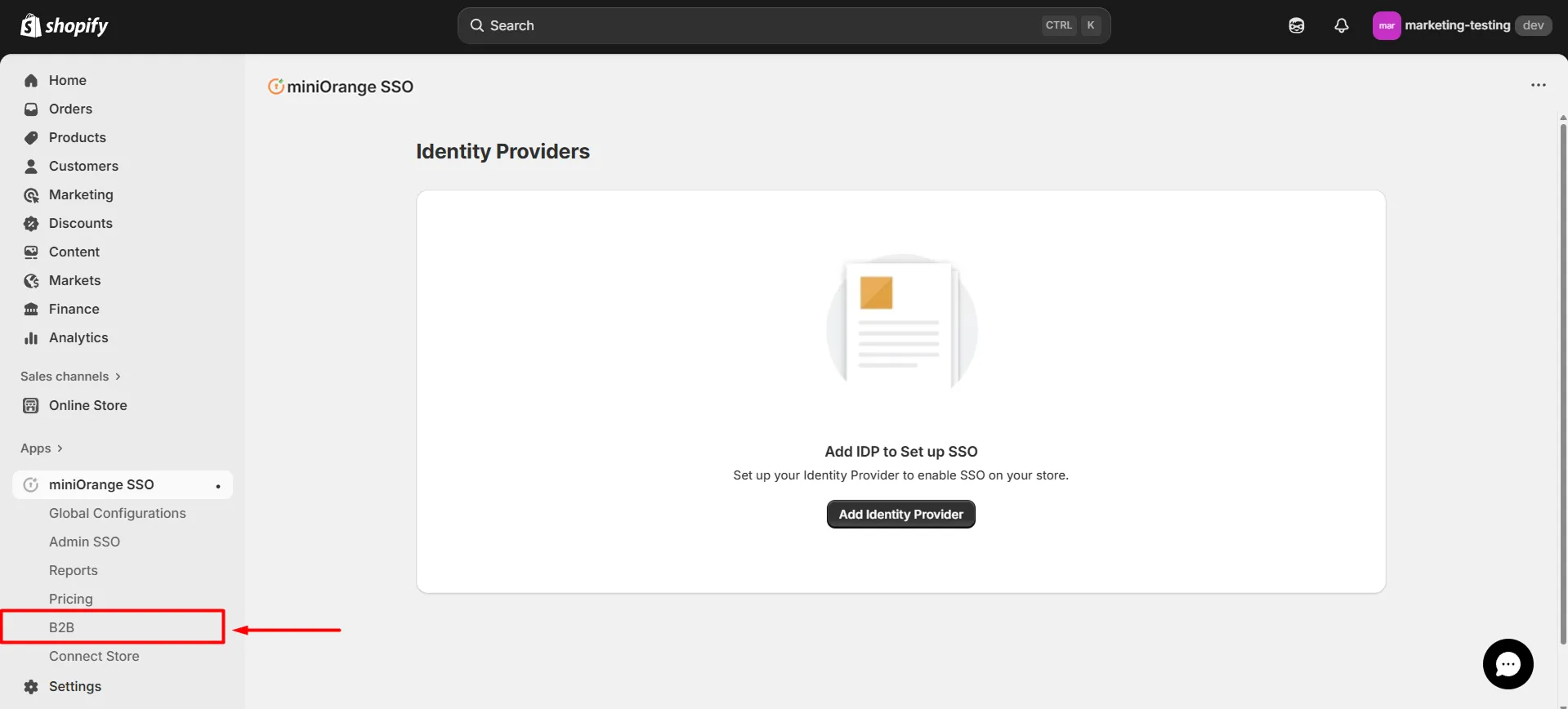 Shopify B2B in Single Sign-On (SSO) - Navigate to B2B Option